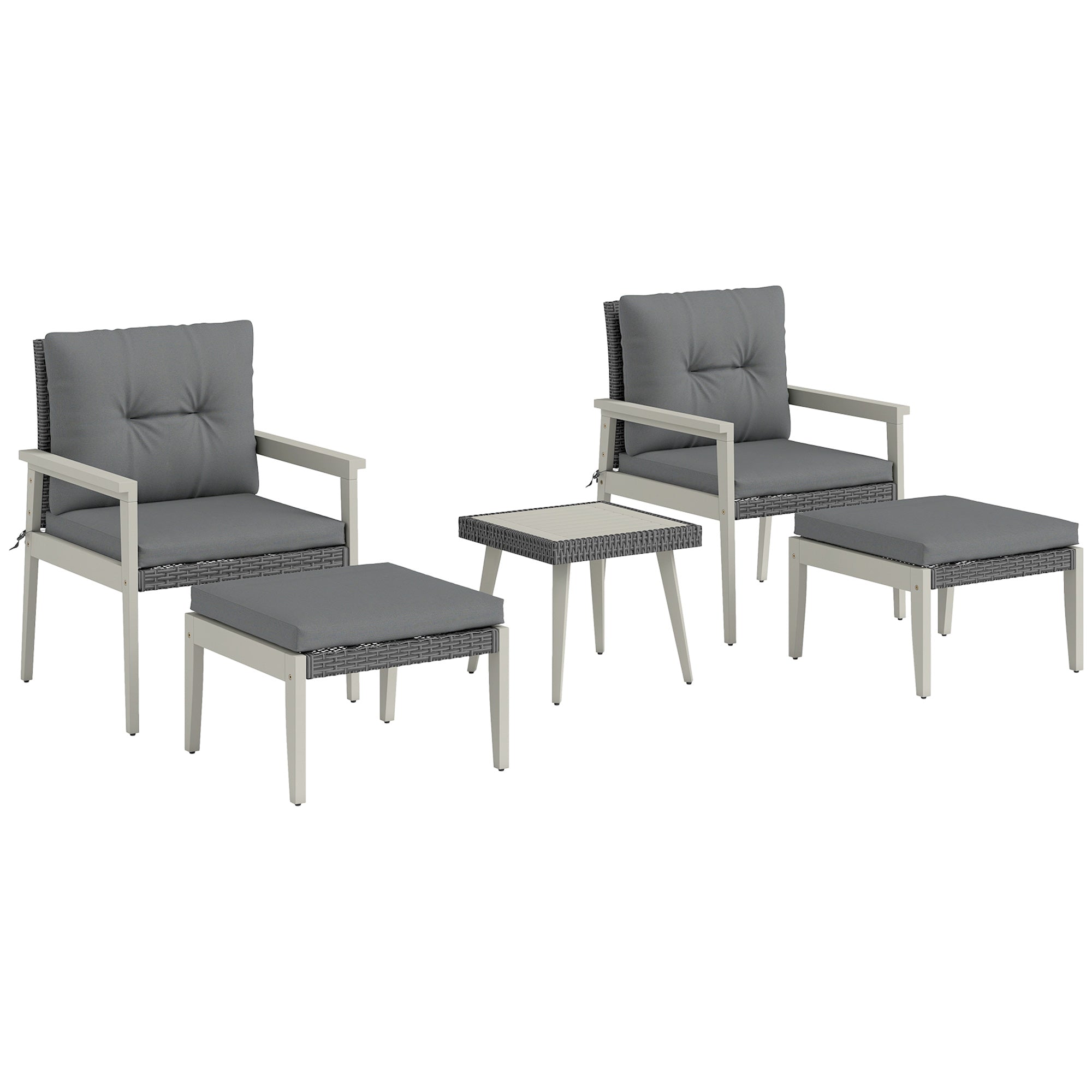 Outsunny 5 Pieces Rattan Garden Furniture Set, Patio Conversation Set with Cushions, Acacia Wood Top Coffee Table and Footstools, Outdoor Table and Chairs for Balcony, Terrace and Conservatory, Grey - North Peak Garden Furniture