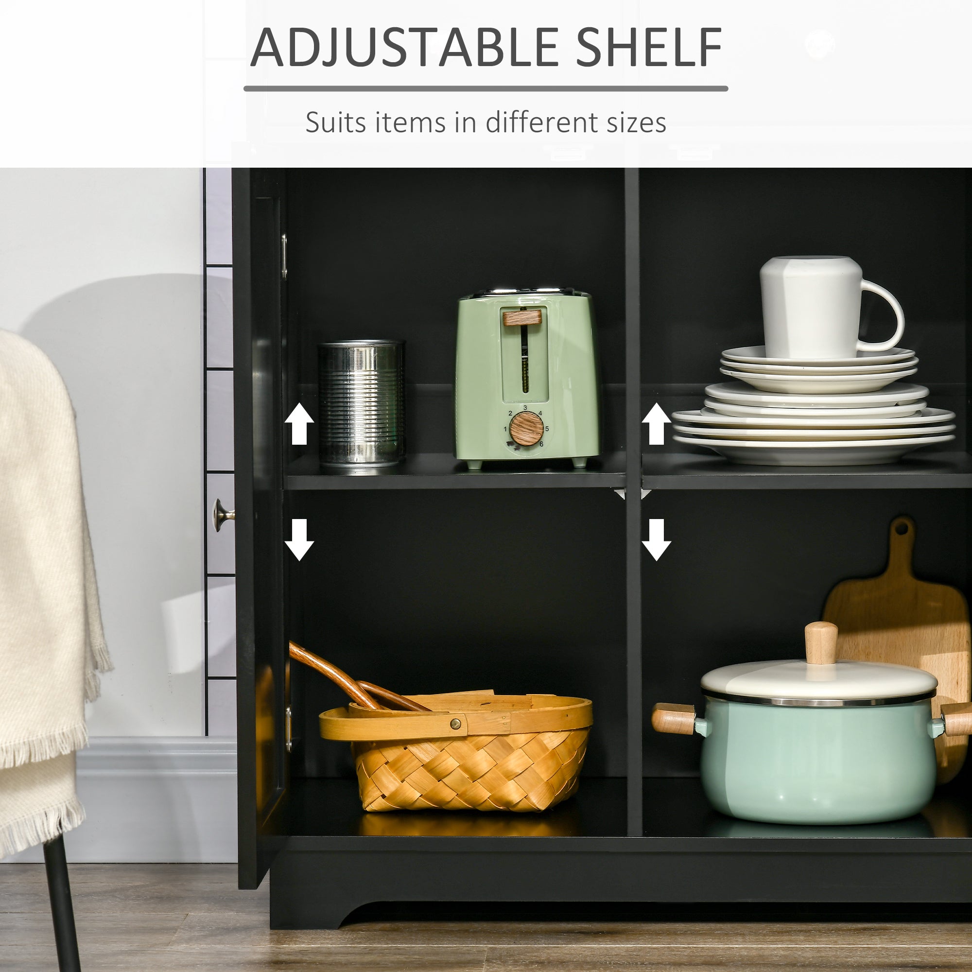 HOMCOM Sideboard with Rubberwood Top and Adjustable Shelves for Dining Room, Kitchen - Black - North Peak Garden Furniture