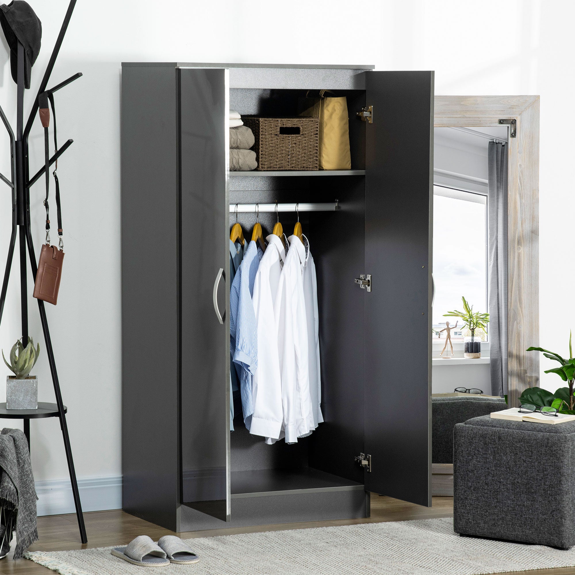 HOMCOM High Gloss Wardrobe, 2 Door Wardrobe with Hanging Rod and Storage Shelf, Clothes Storage Organizer with Anti-tipping Design for Bedroom, Grey - North Peak Garden Furniture