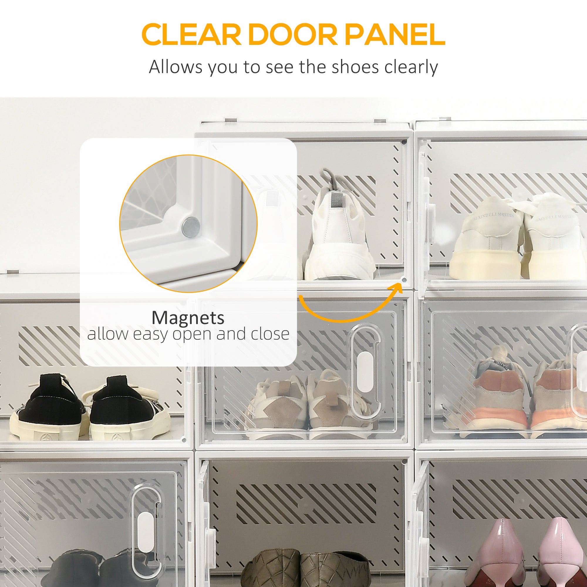HOMCOM 18PCS Clear Shoe Box, Plastic Stackable Shoe Storage Box for UK/EU Size up to 12/46 with Magnetic Door for Women/Men, 28 x 36 x 21cm - North Peak Garden Furniture