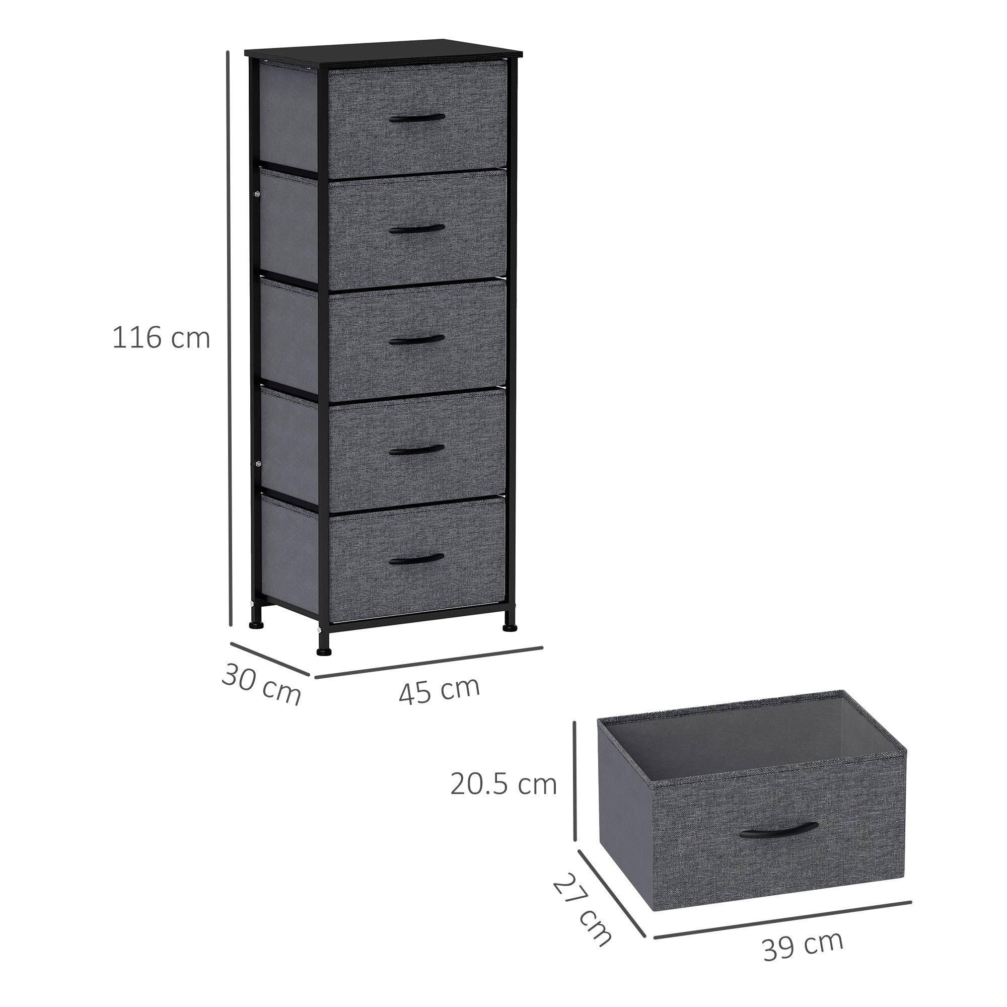HOMCOM Fabric Chest of Drawers, Storage Drawers, Industrial Bedroom Dresser with 5 Fabric Drawers, Steel Frame and Wooden Top for Nursery, Living Room, Hallway, Dark Grey - North Peak Garden Furniture
