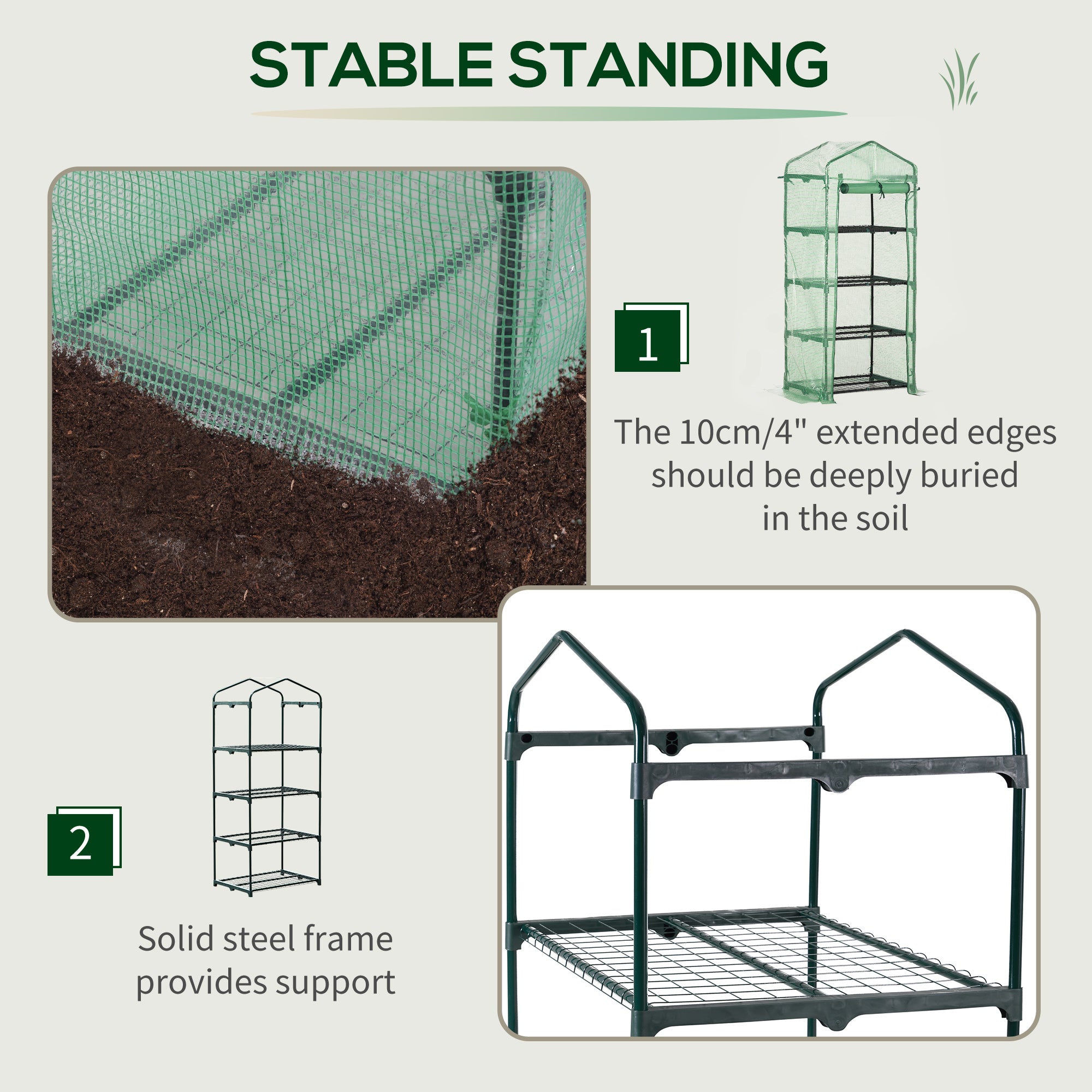 Outsunny 4 Tier Mini Greenhouse, Portable Compact Green House with Steel Frame, PE Cover, Roll-up Door, 70 x 50 x 160 cm, Green - North Peak Garden Furniture