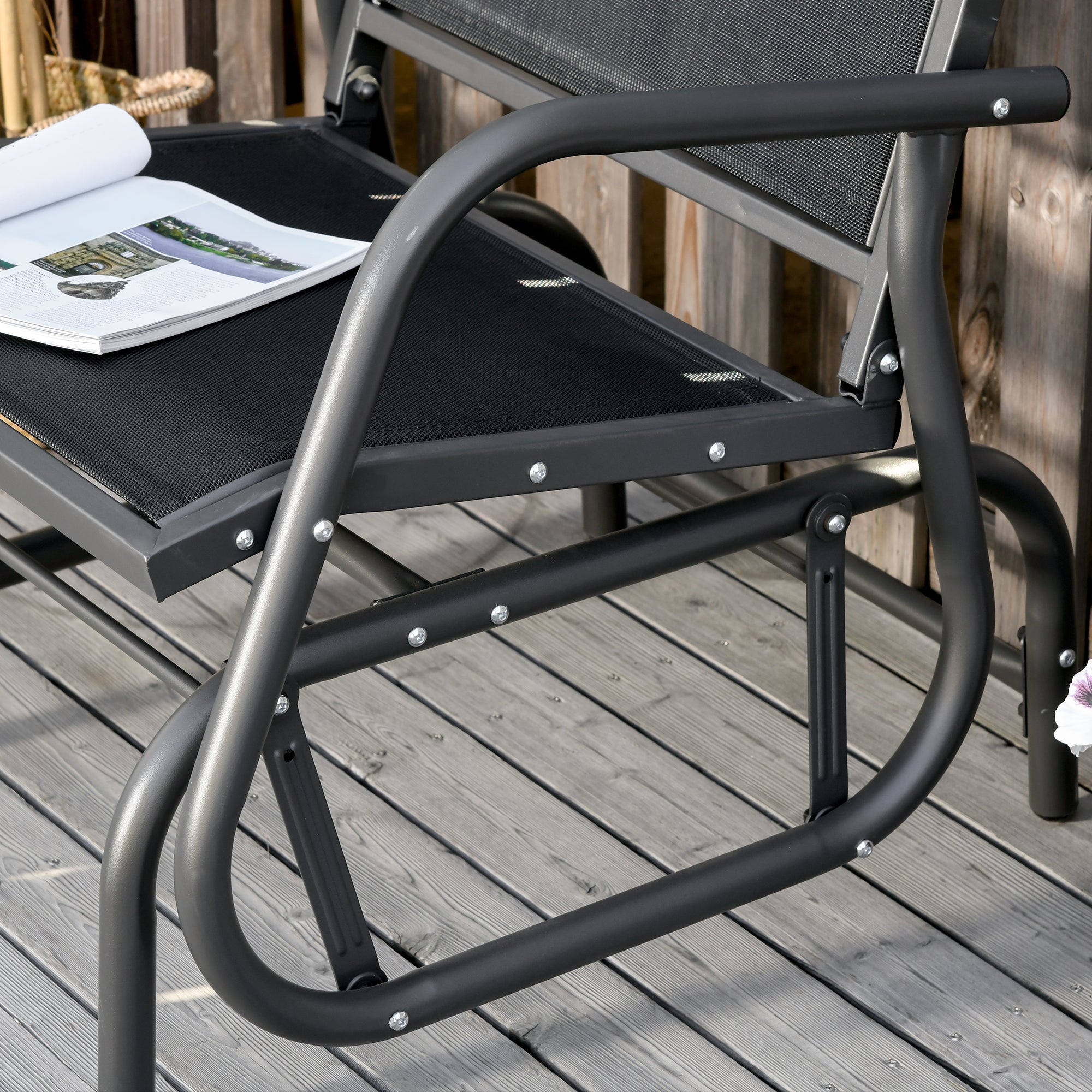 Outsunny Outdoor Gliding Swing Chair Garden Seat w/ Mesh Seat Curved Back Steel Frame Armrests Comfortable Lounge Furniture Dark Grey Black - North Peak Garden Furniture