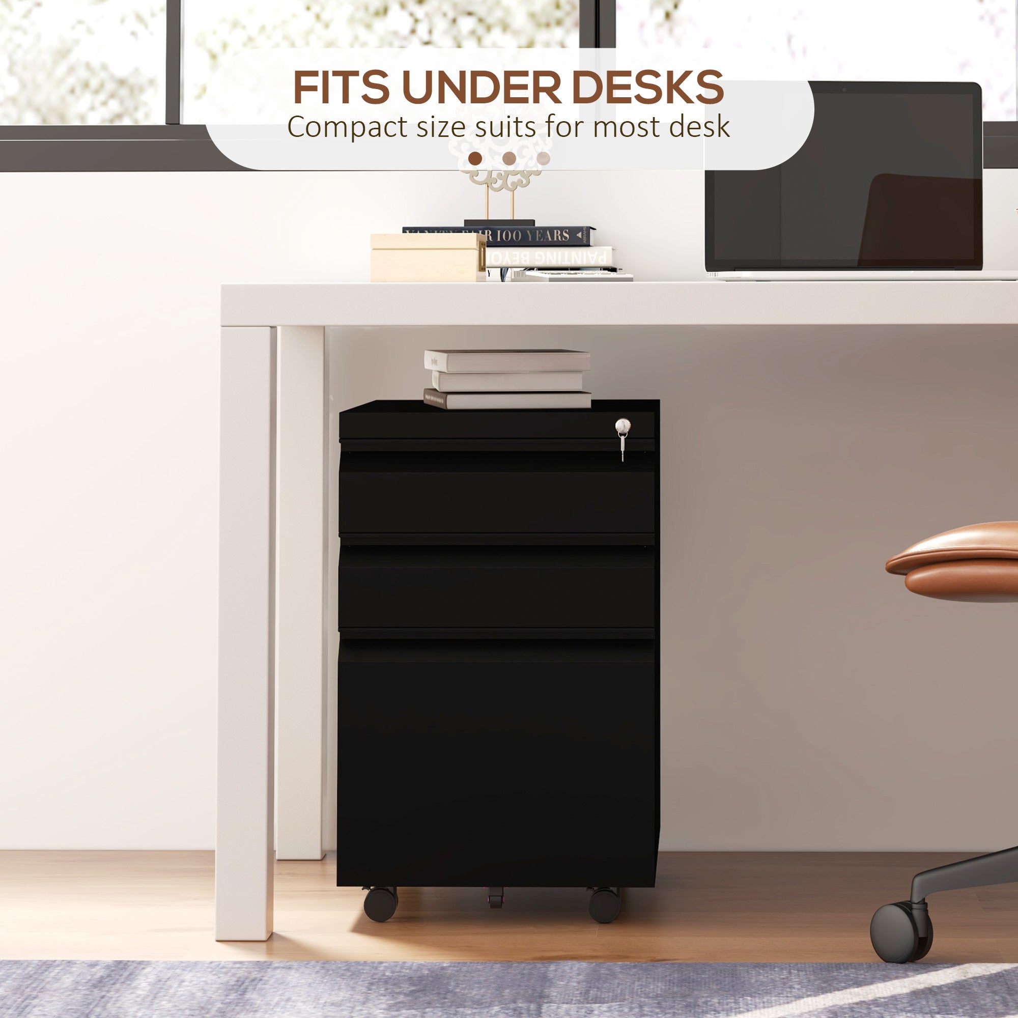 Vinsetto 3-Drawer Mobile Filing Cabinet with Pencil Tray, Steel Lockable File Cabinet for Letter, A4 and Legal Size, Pre-Assembled Body, Black - North Peak Garden Furniture