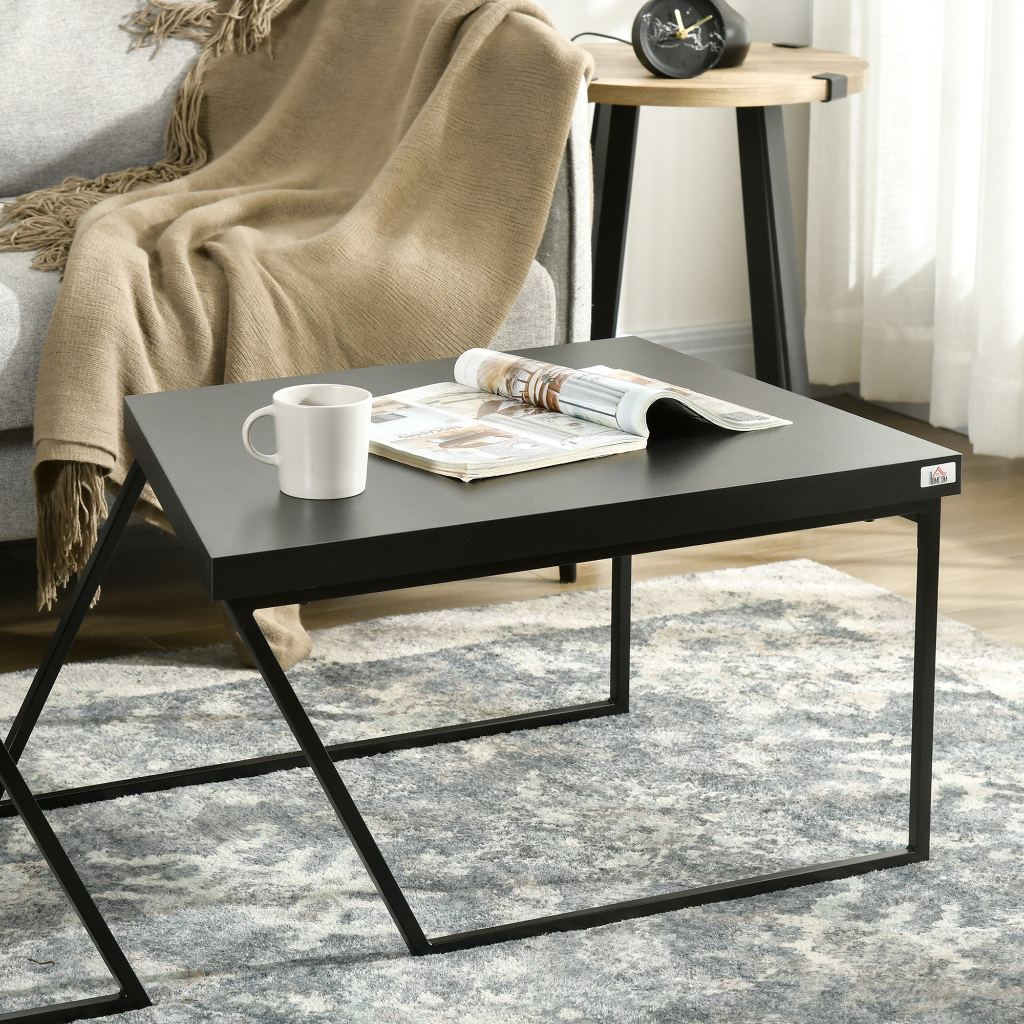 HOMCOM Coffee Table Set of 2, Industrial Nesting Table with Steel Frame and 8cm Thick Tabletop, Sofa Side End Table for Living Room, Rustic Brown - North Peak Garden Furniture