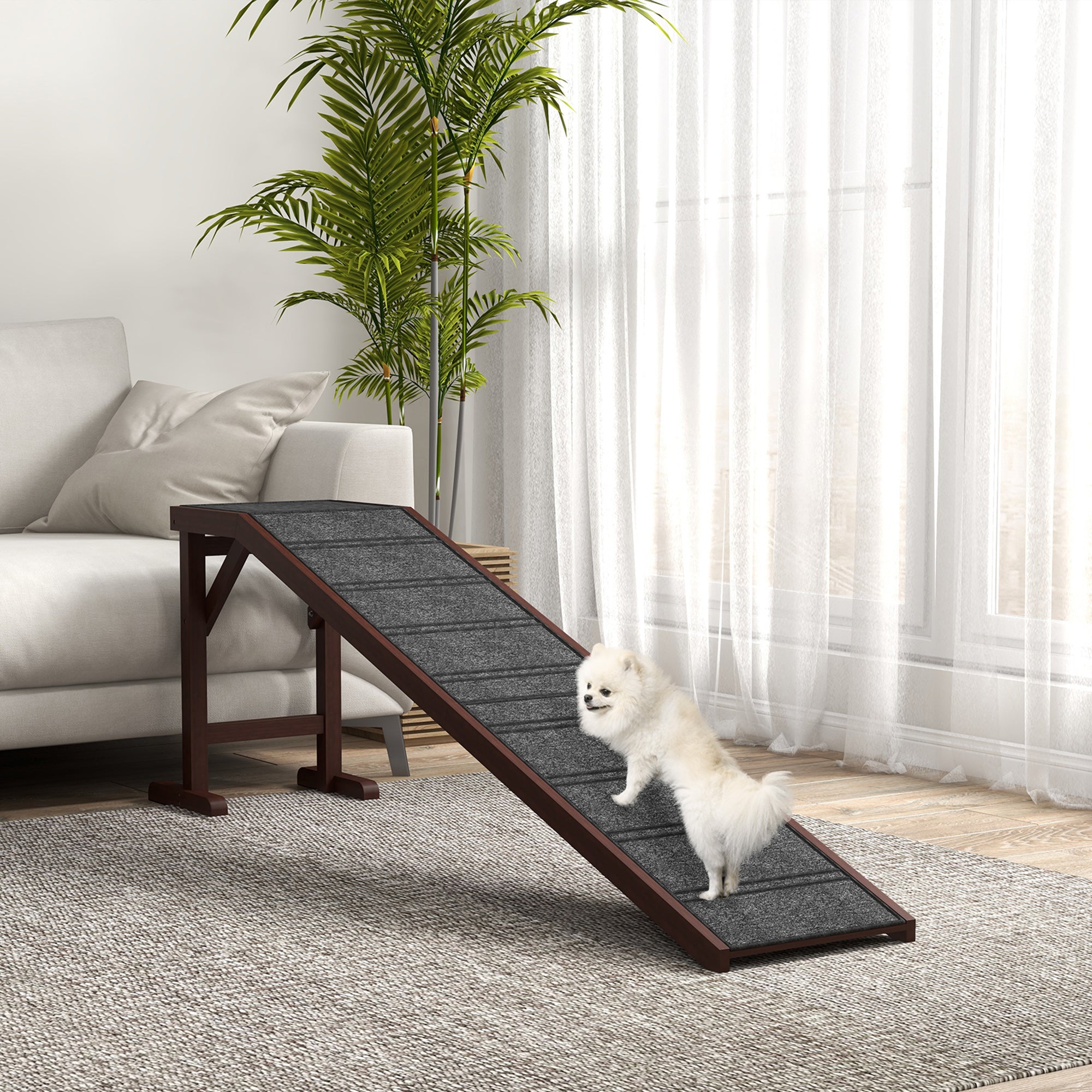 PawHut Pet Ramp for Dogs Cats Non-Slip Carpet Top Platform - Brown & Grey - North Peak Garden Furniture