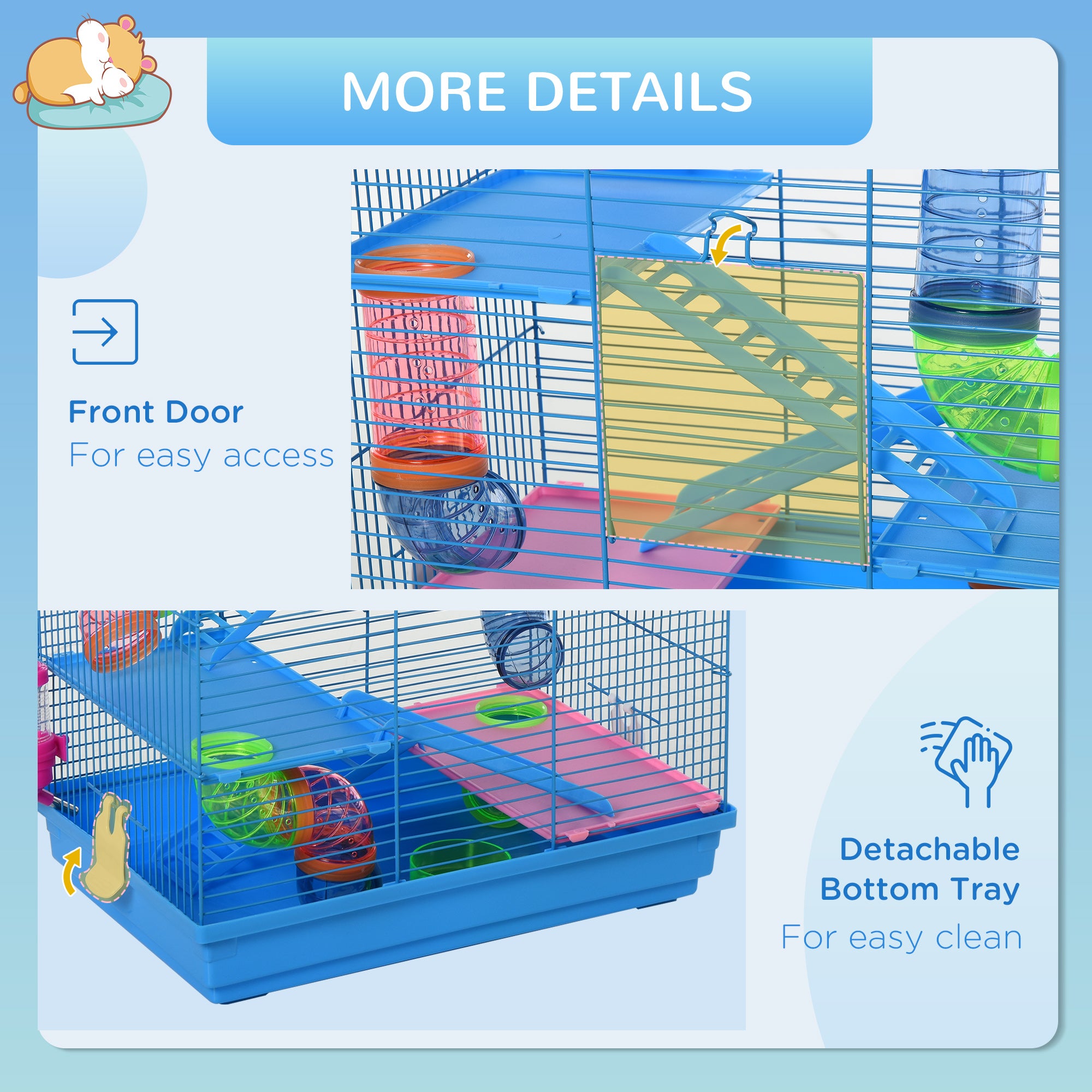 PawHut Hamster Habitat, 5 Tier Cage with Exercise Wheels, Tunnel, Water Bottle, Dishes, Ladder, Blue