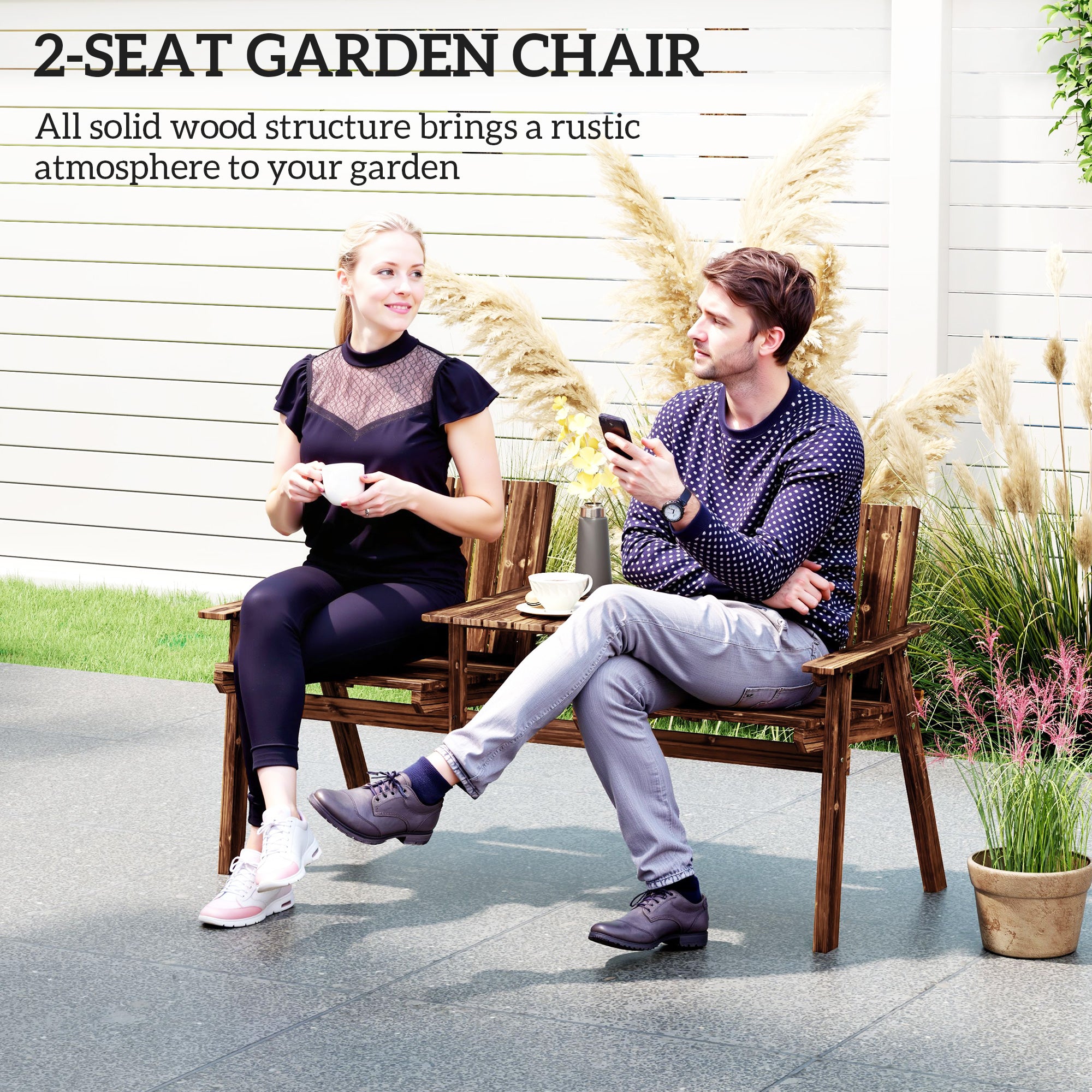 Outsunny 2-Seater Garden Bench with Table & Parasol Hole, Antique Loveseat for Porch, Patio, Carbonised Finish - North Peak Garden Furniture