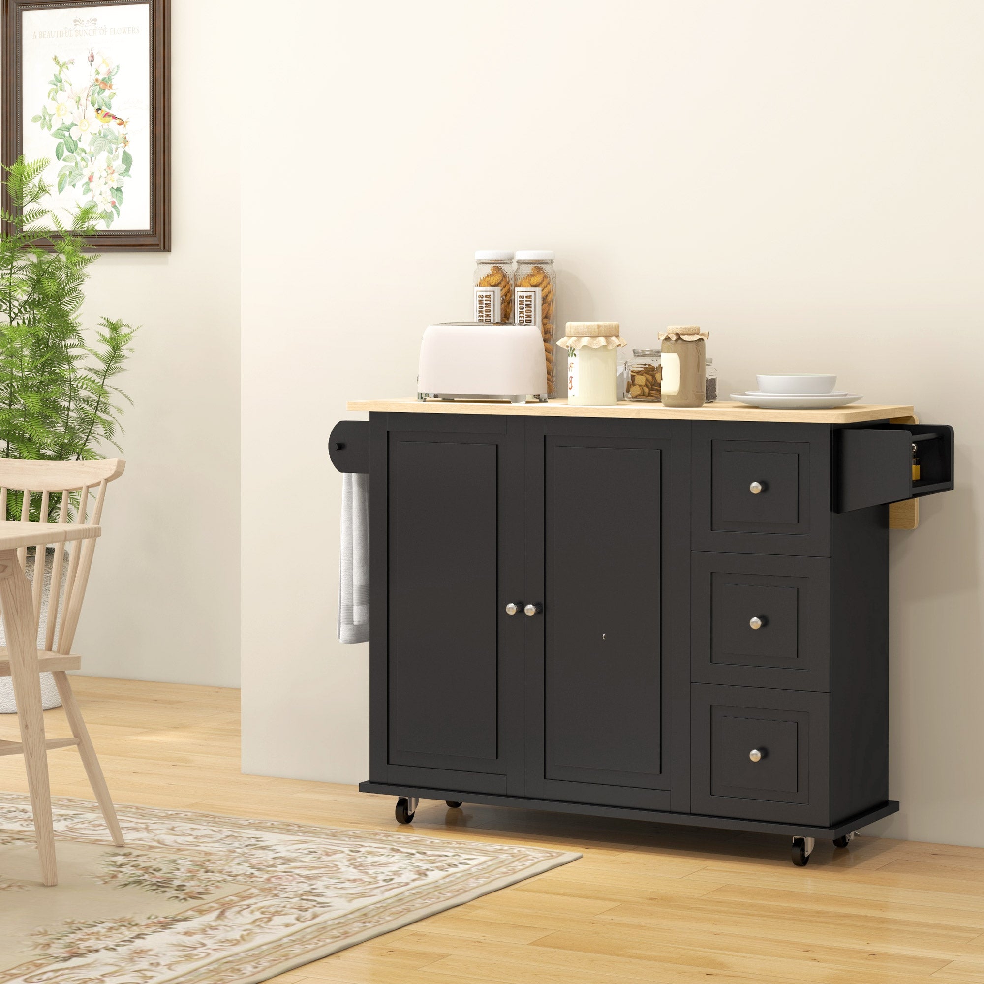 HOMCOM Kitchen Island with Drop Leaf, Rolling Kitchen Storage Trolley on Wheels with 3 Drawers, Black