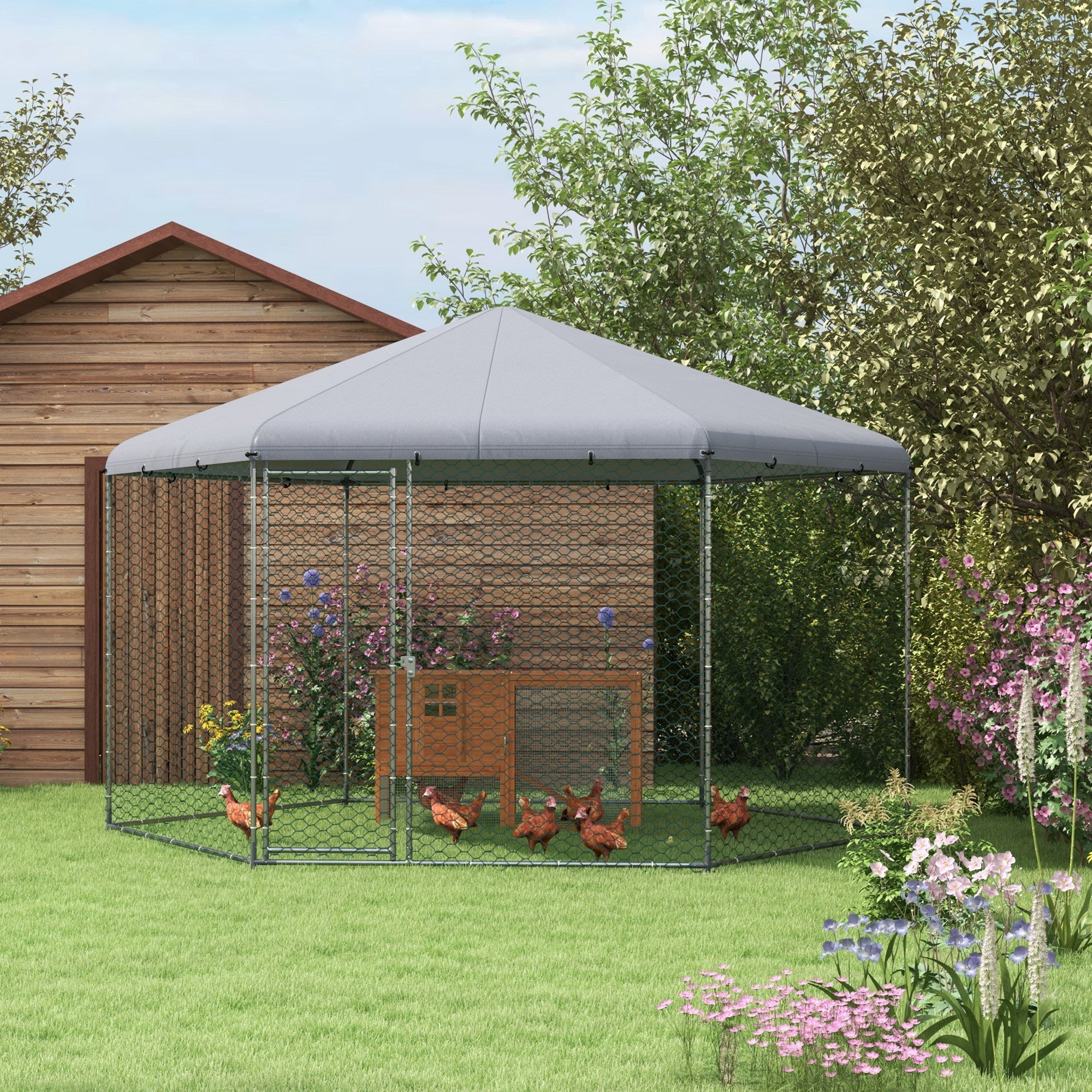PawHut Chicken Coop for 10-15 Chickens, Hens, Rabbits, Ducks, Outdoor Garden Chicken Run, 4 x 3.5 x 2.6m - North Peak Garden Furniture