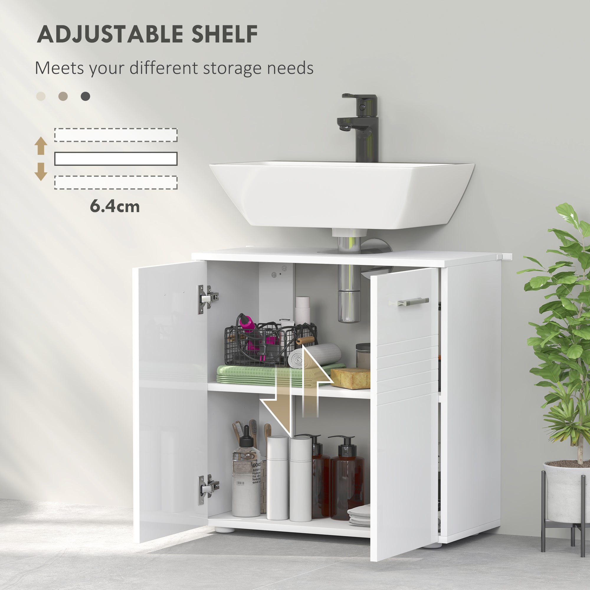 kleankin Under Sink Cabinet, Bathroom Vanity Unit, Pedestal Under Sink Design, Storage Cupboard with Adjustable Shelf, High Gloss, White - North Peak Garden Furniture