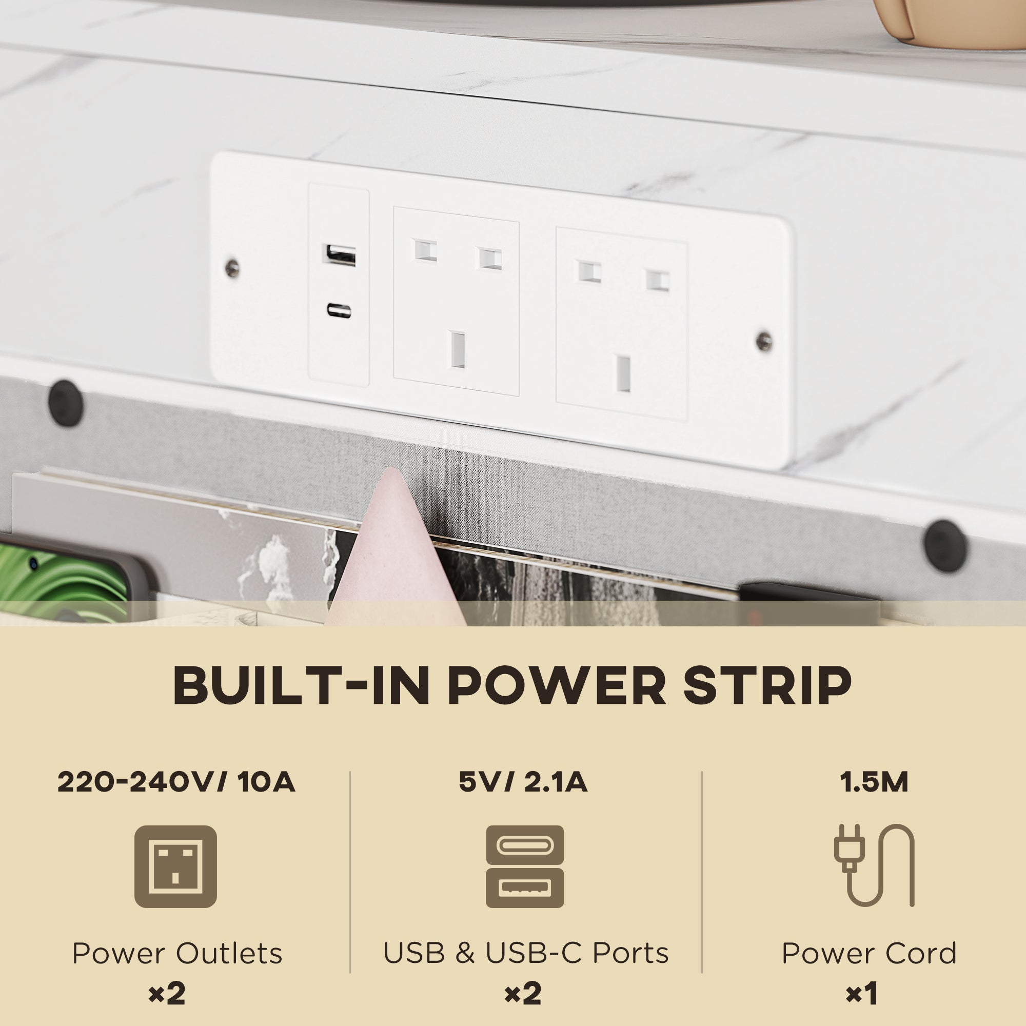 HOMCOM C-Shaped Bedside Table with Charging Station, Marble Grain Side Table with Power Outlets & USB Ports, Storage Bags, for Bedroom, Living Room, White - North Peak Garden Furniture