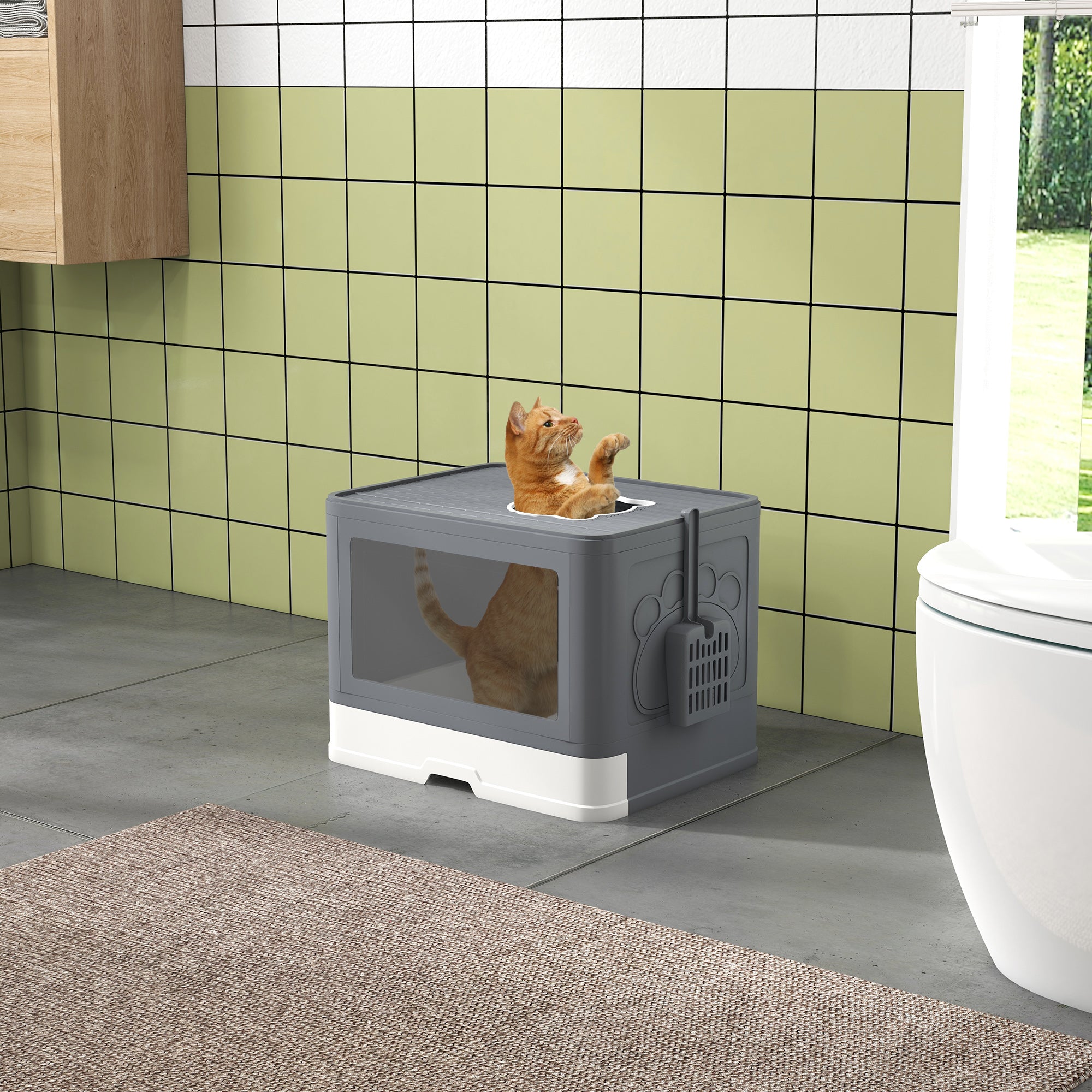 PawHut Enclosed Cat Litter Box with lid, Front Entry, Top Exit, Drawer, Tray, Scoop, Brush, 48.5 x 38 x 36.5cm - Grey - North Peak Garden Furniture