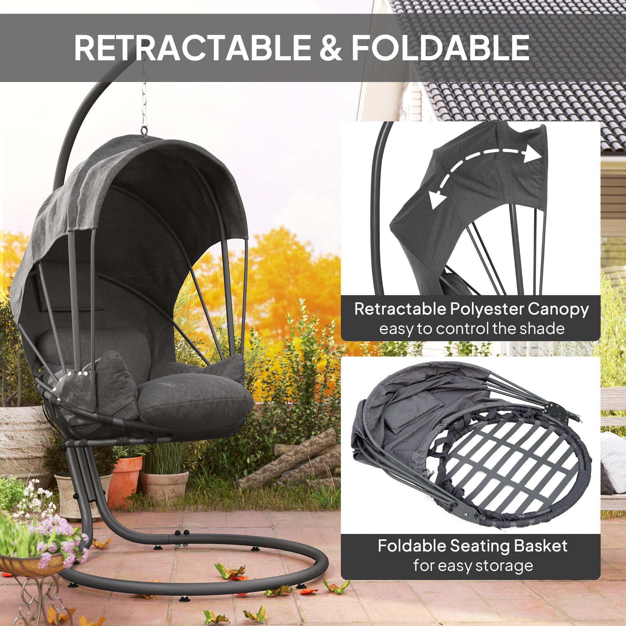 Outsunny Hanging Egg Chair Swing Hammock Chair with Stand, Cushion and Retractable Canopy, for Indoor and Outdoor, Grey - North Peak Garden Furniture