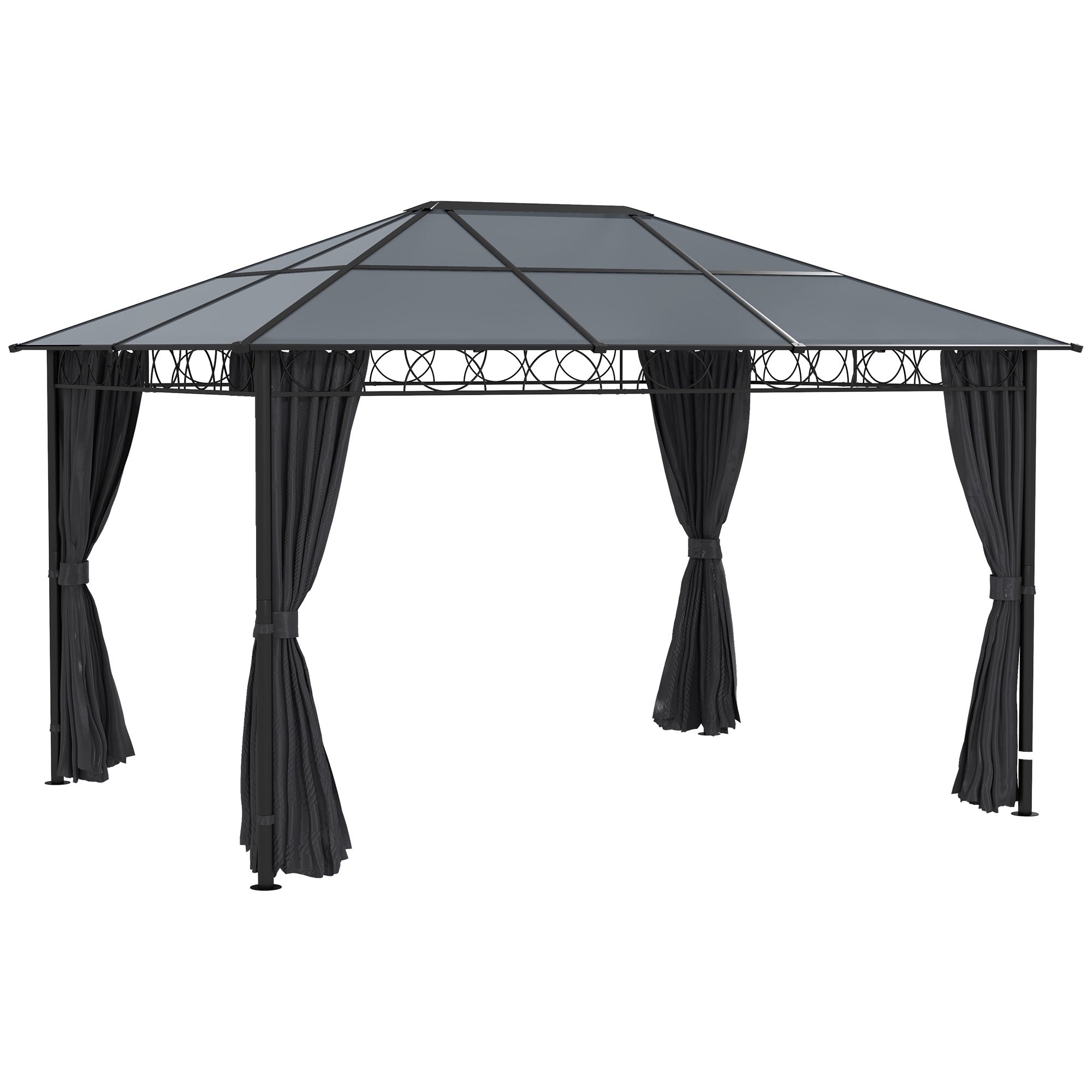 Outsunny Hardtop Gazebo Garden Pavilion with UV Resistant Polycarbonate Roof, Curtains, Steel & Aluminium Frame, 3 x 4m, Grey - North Peak Garden Furniture