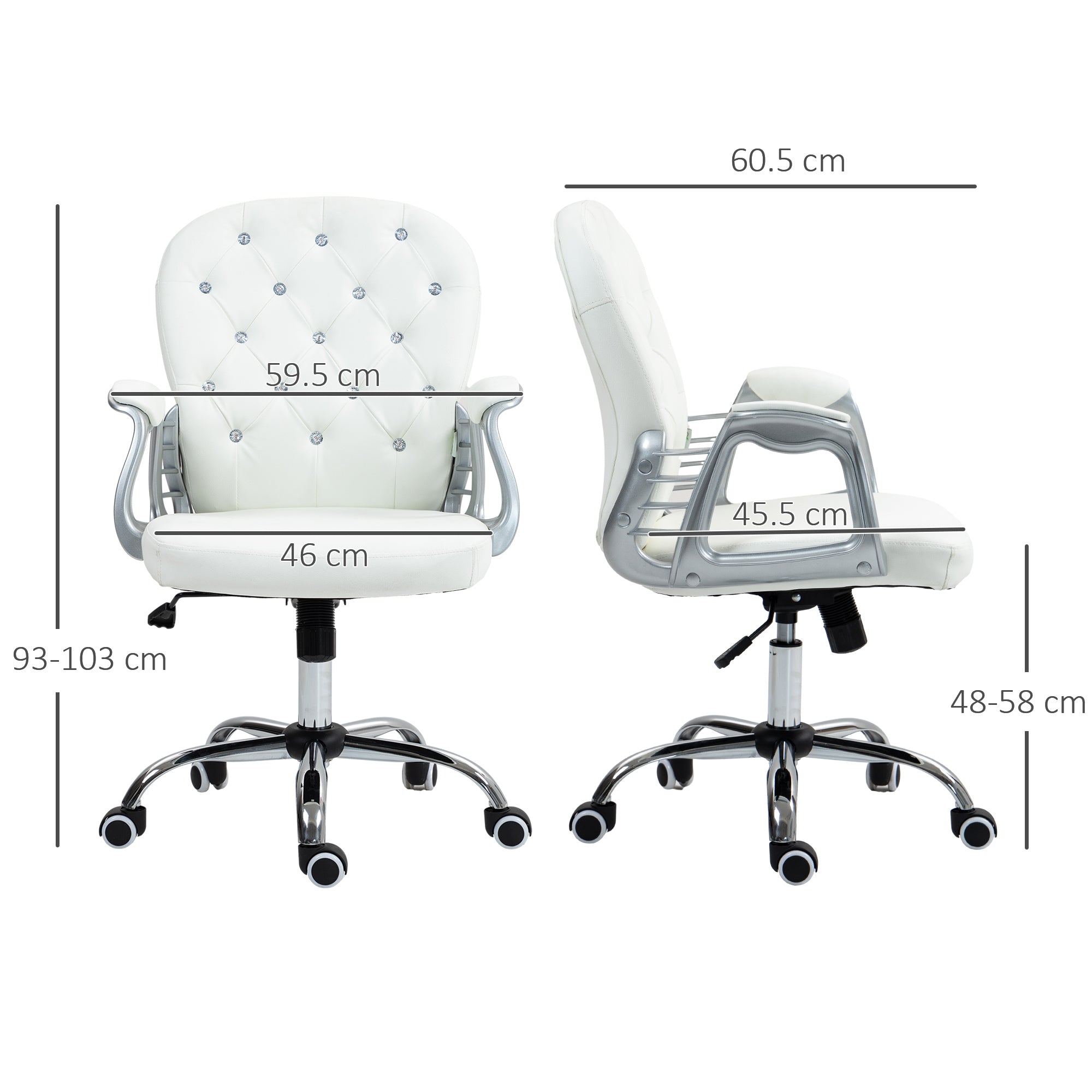 Vinsetto Office Chair Ergonomic 360° Swivel PU Diamante Padded Base 5 Castor Wheels for Home Work White - North Peak Garden Furniture