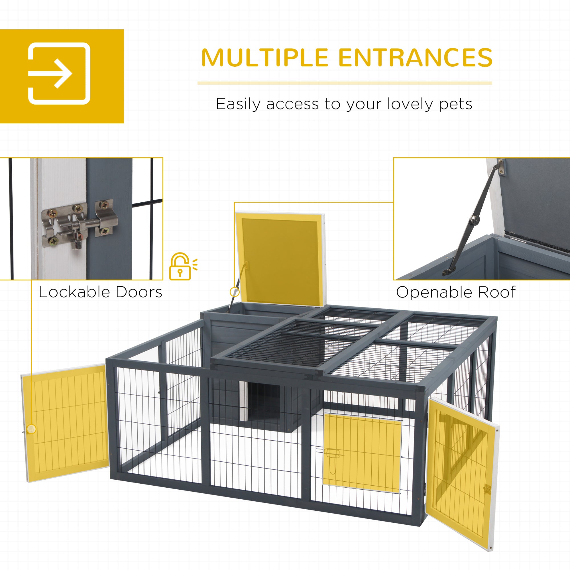 PawHut Rabbit Hutch Outdoor, Guinea Pig House, Bunny Run Cage with Openable Top for 1-2 Rabbits, 123 x 120 x 52cm, Grey - North Peak Garden Furniture