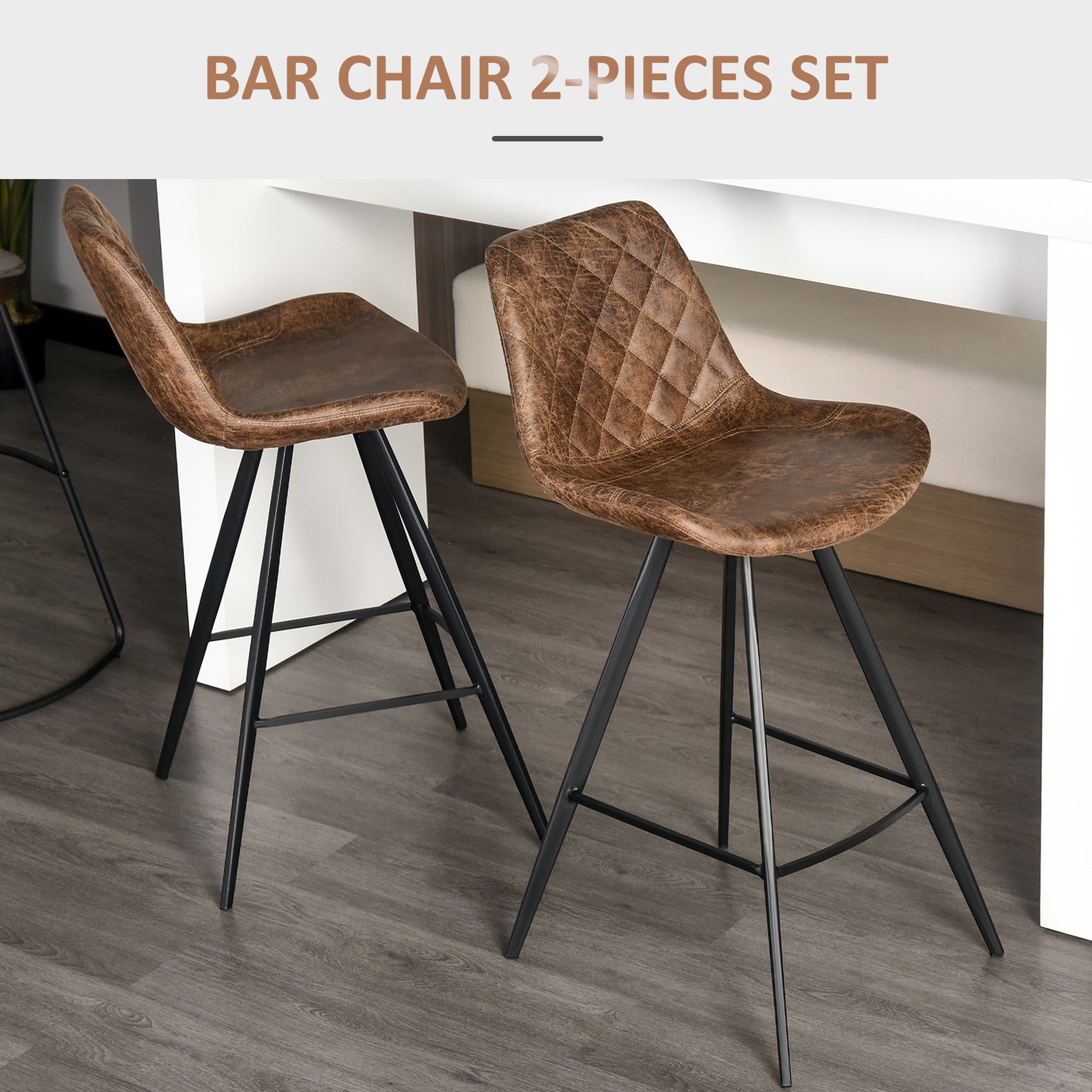 HOMCOM Set Of 2 Bar Stools Vintage Microfiber Cloth Tub Seats Padded Comfortable Steel Frame Footrest Quilted Home Bar Cafe Kitchen Chair Stylish Brown - North Peak Garden Furniture