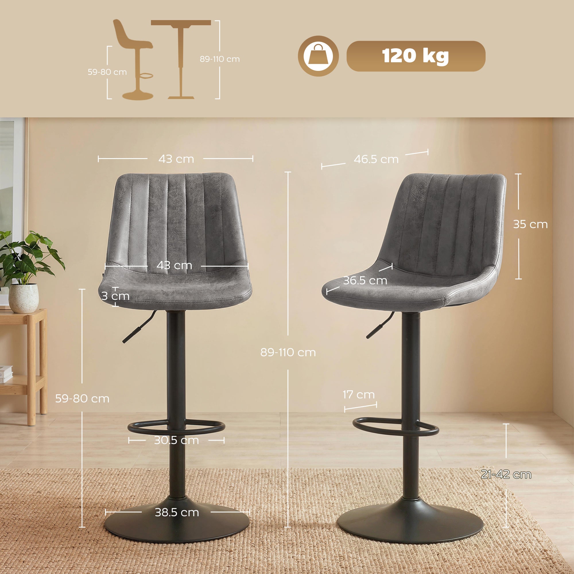 HOMCOM Adjustable Bar Stools Set of 2 Counter Height Barstools Dining Chairs 360° Swivel with Footrest for Home Pub, Grey
