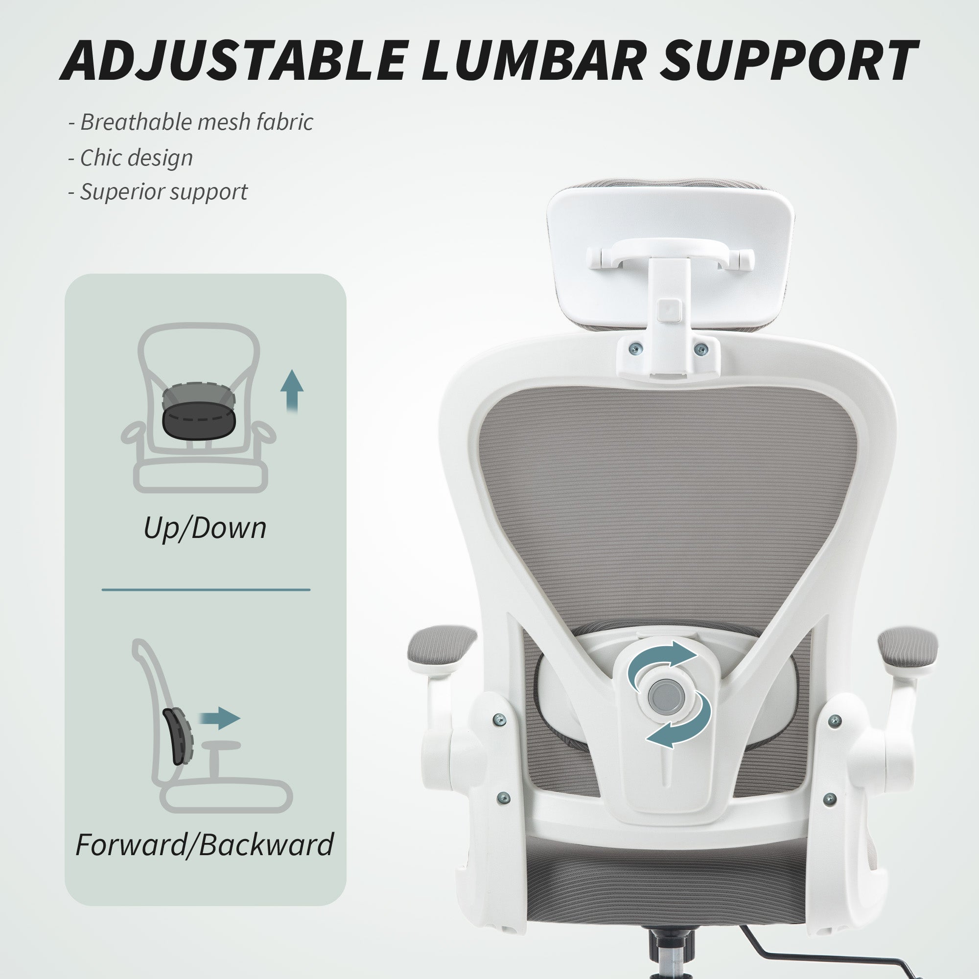 HOMCOM Executive Office Chair, Ergonomic Mesh High Back Desk Chair with Flip-up Armrest, Rotatable Headrest, Adjustable Lumbar Support, Swivel Computer Chair for Home Study, Grey - North Peak Garden Furniture