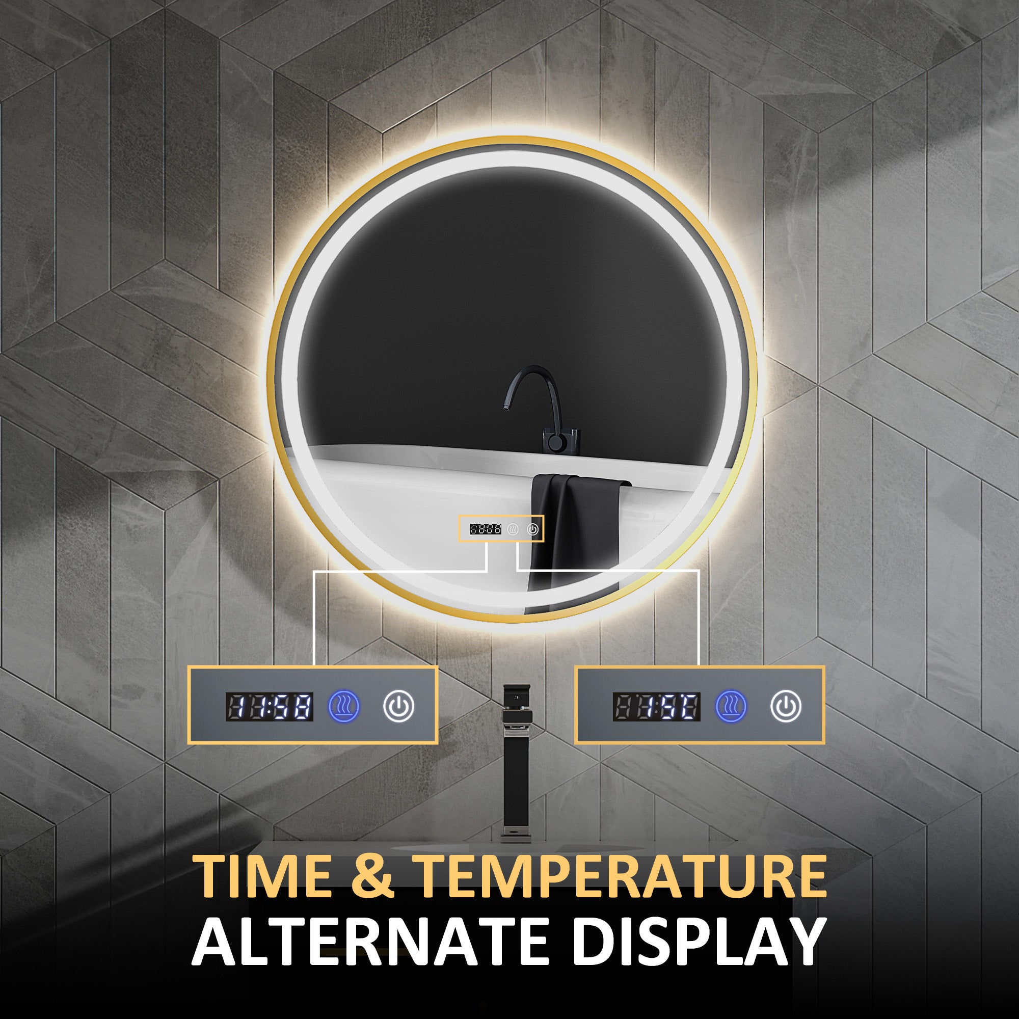 HOMCOM Round Bathroom Mirror with LED Lights, 600mm Backlit Illuminated Bathroom Mirror, Dimmable Wall Mounted Vanity Mirror with Demister Pad, Touch Switch, Time and Temp Display, Gold Tone - North Peak Garden Furniture