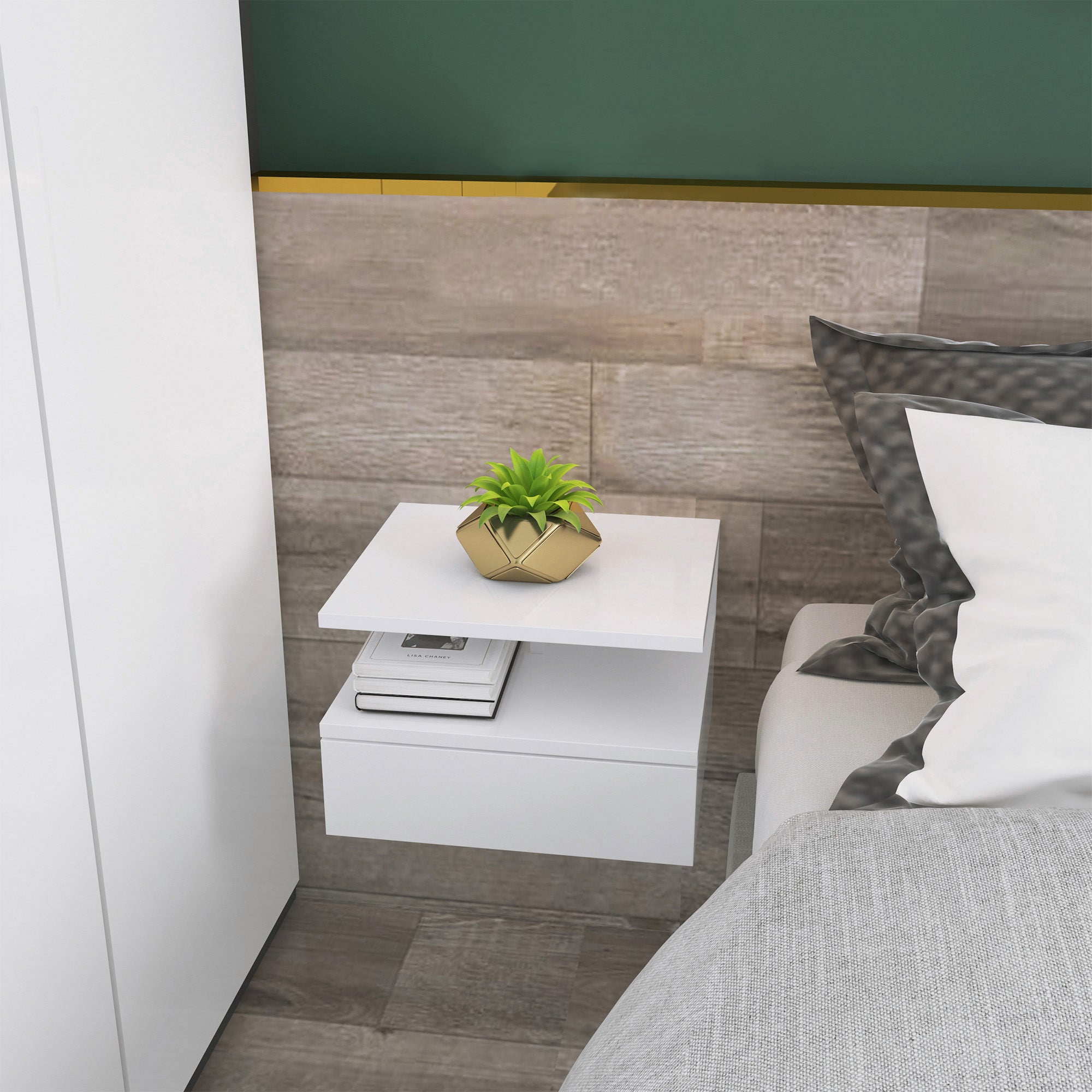 HOMCOM Set of Two Floating Bedside Tables - White - North Peak Garden Furniture
