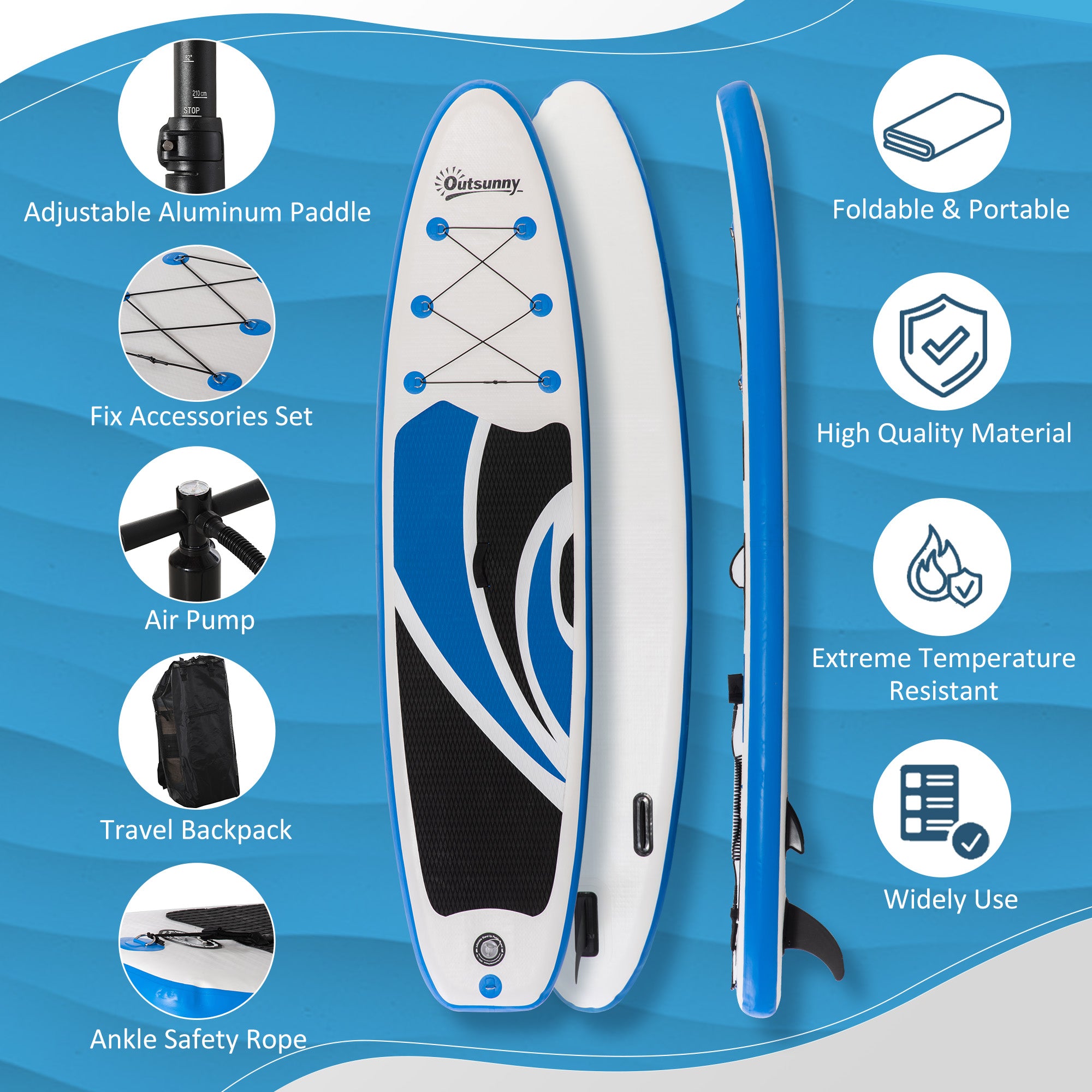 Outsunny 10.6' x 32" x 6" Inflatable Stand Up Paddle Board, Non-Slip & Ultra-Light Deck with ISUP Accessories, Adj Paddle, Pump, Backpack Bag, and Three Bottom Fins, for Youth Adults Beginner