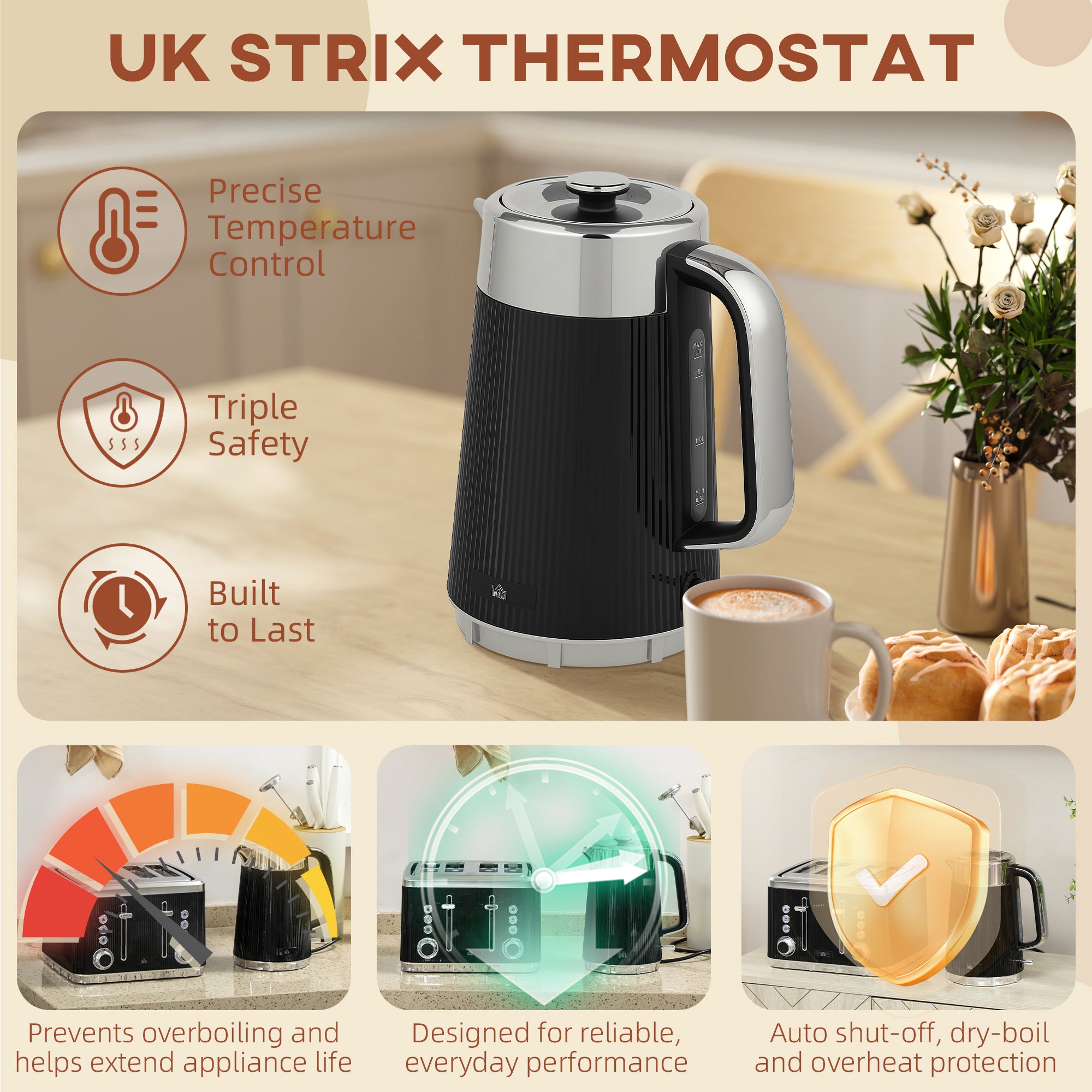 HOMCOM Electric Kettle and Toaster Set, 3000W 1.7L UK Strix Thermostat Rapid Boil Jug Kettle with Limescale Filter, Cool Touch Body, 4 Slice Toaster with 7 Browning Controls, Crumb Tray, Black