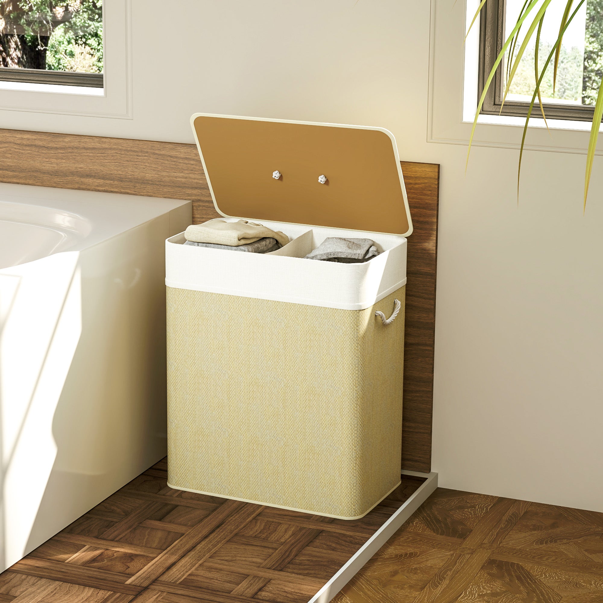 HOMCOM Double Laundry Basket with Lid, 100L Bamboo Laundry Hamper with Rope Handles, Washing Basket with Removable Liner for Bathroom, Bedroom, Cream White - North Peak Garden Furniture