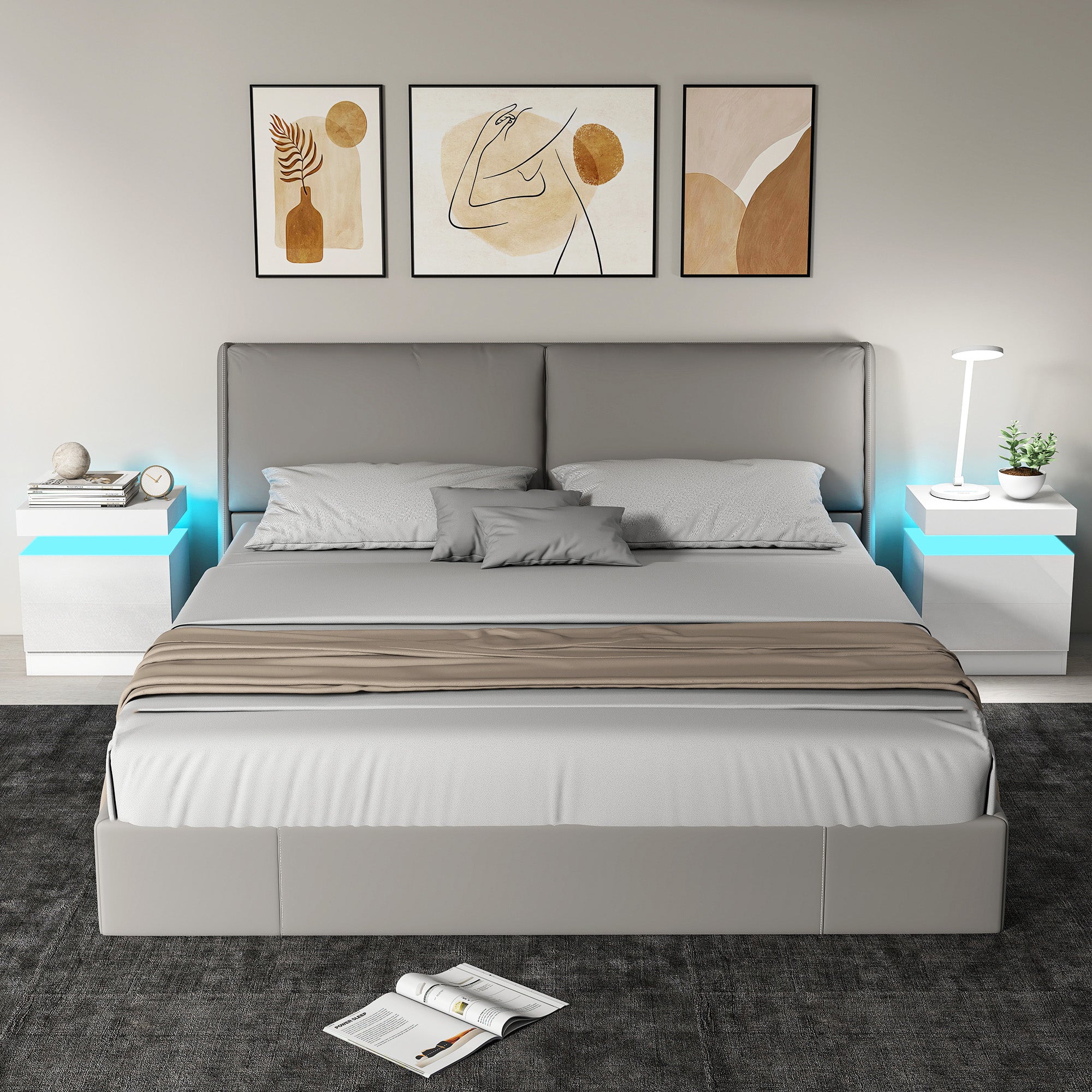 HOMCOM White Bedside Table with LED Light, High Gloss Front Nightstand with 2 Drawers, for Living Room, Bedroom, Set of 2