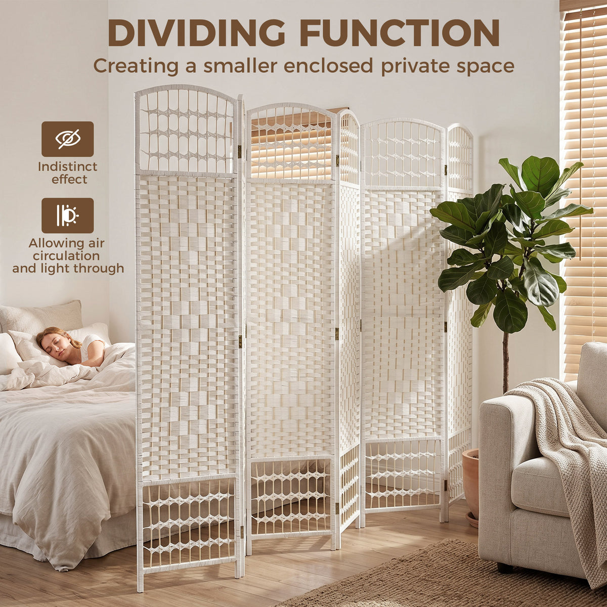 HOMCOM 6 Panel Folding Room Divider, Privacy Screen, Paravent Partition Separator for Living Room, Bedroom, White