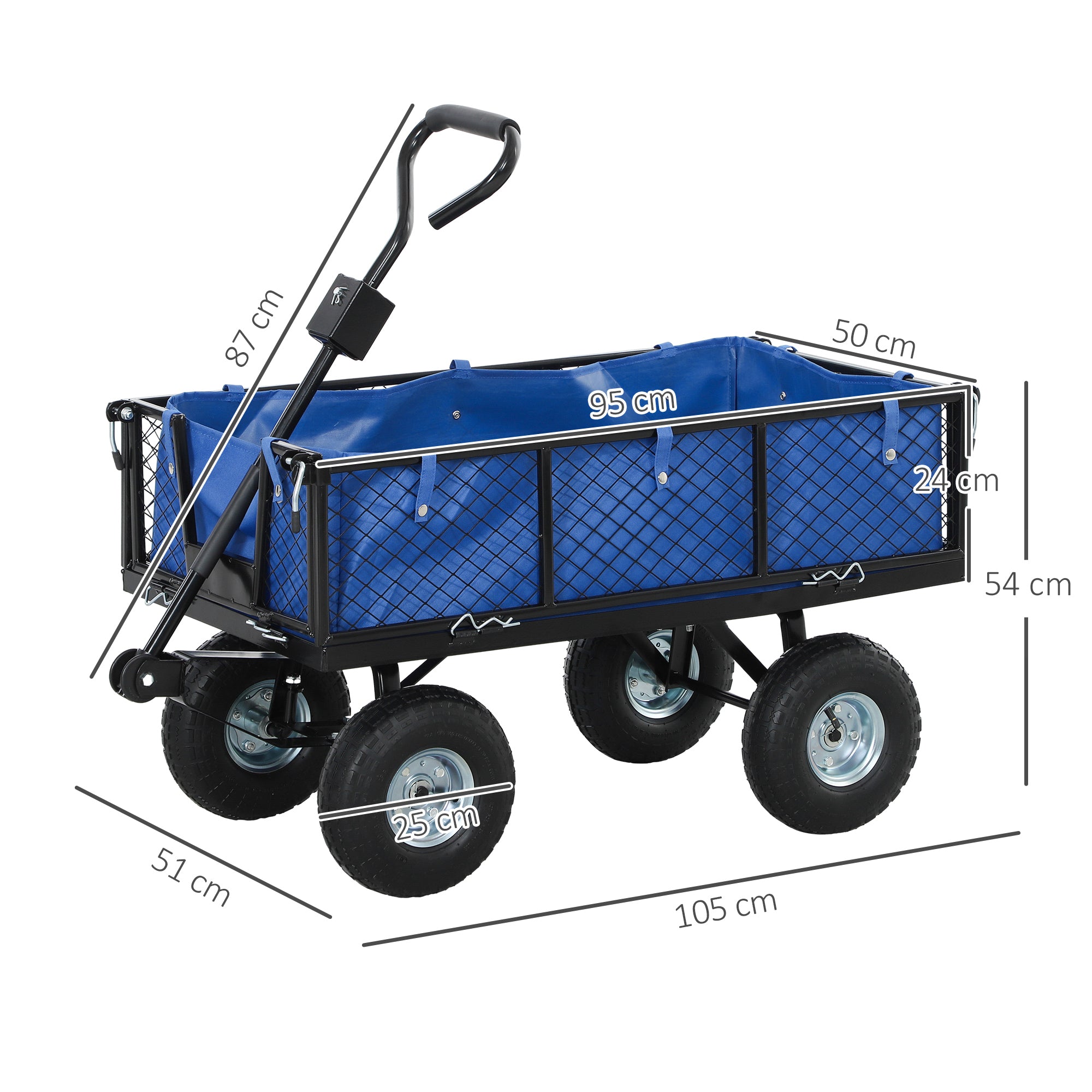 Outsunny 114L Steel Frame Garden Cart Trolley - Blue - North Peak Garden Furniture