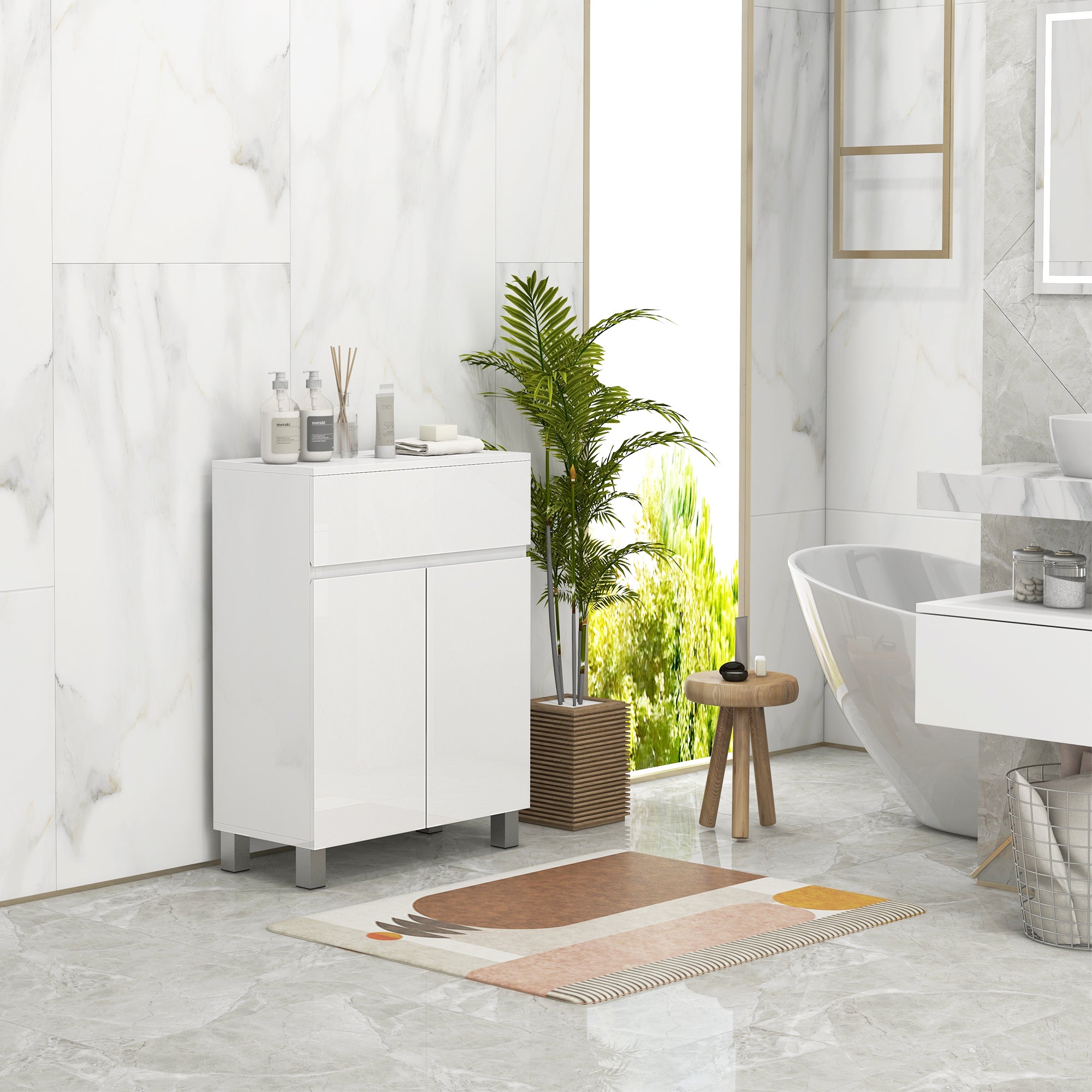 kleankin Freestanding Bathroom Cabinet, High Gloss Storage Cabinet with Doors and Adjustable Shelf, 60 x 30 x 80 cm, White - North Peak Garden Furniture