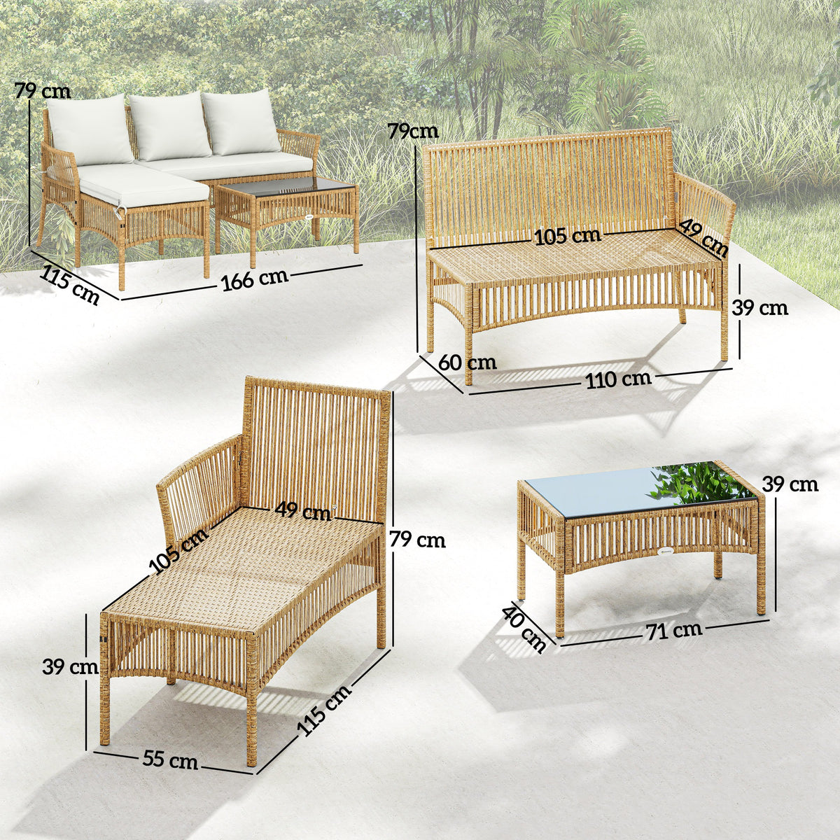 Outsunny 3 Piece Rattan Garden Furniture Corner Sofa Set with Chaise Lounge, Loveseat, Glass Coffee Table, Cushions, Natural Wood