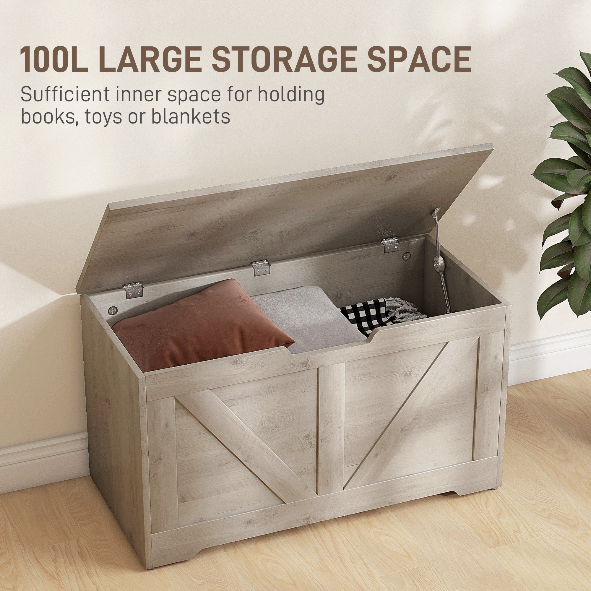 HOMCOM 100L Home Storage Box, with Safety Hinges - White Wood-Effect - North Peak Garden Furniture