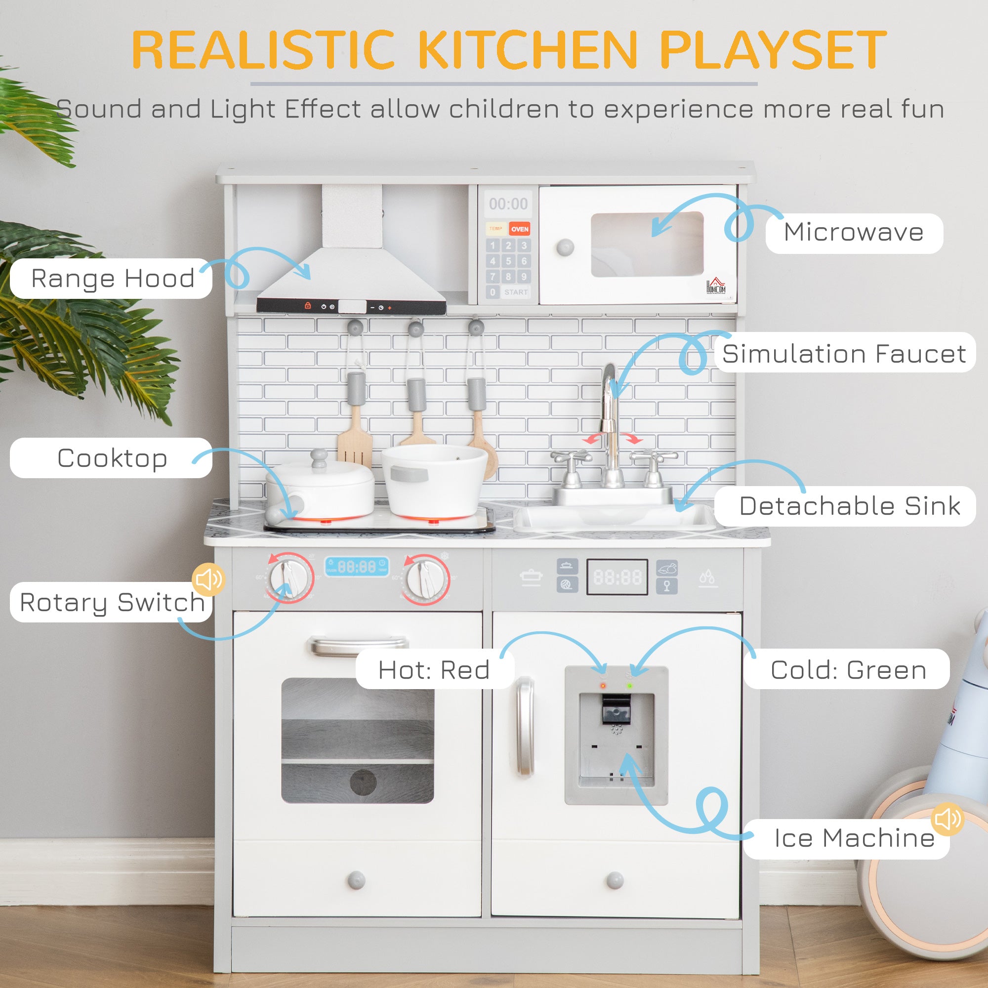 HOMCOM Kids Wooden Toy Kitchen Pretend Play Cooking Playset w/ Sound & Light Effect, Battery Operated Cooktop, Ice Machine, Marble Pattern Countertop, for 3-6 Years Old - North Peak Garden Furniture