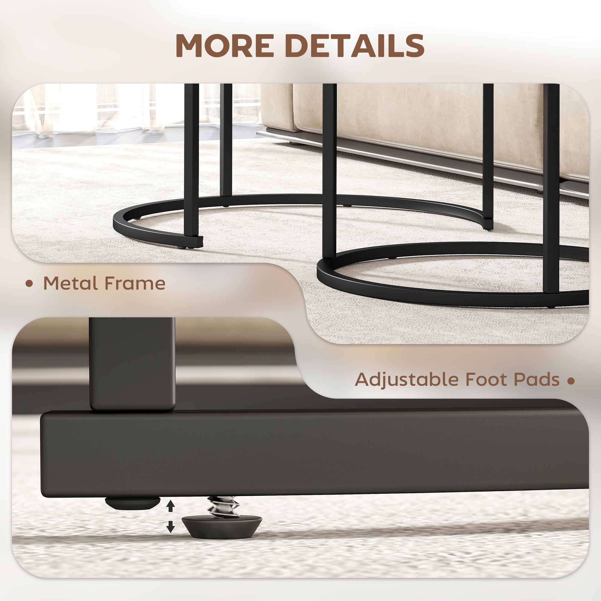 HOMCOM Coffee Table Set of 2, Round Nest of Tables with Metal Frame, Modern Side Tables for Living Room, Rustic Brown