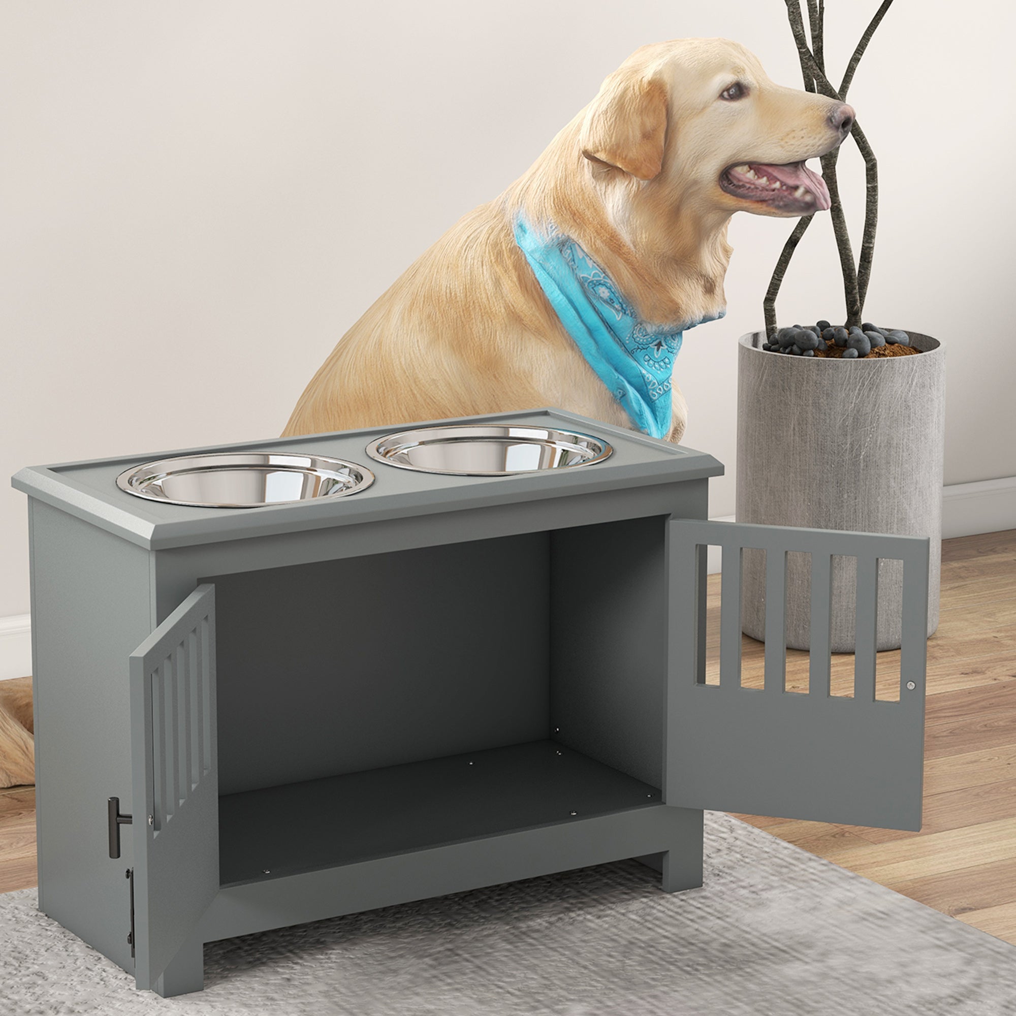 PawHut Raised Dog Bowls, Pet Feeding Station, with Storage, Food and Water Bowls, for Large Dogs - Grey - North Peak Garden Furniture