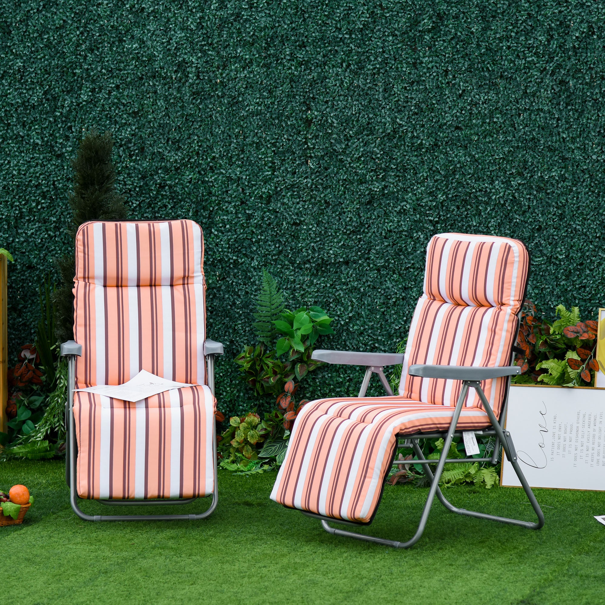Outsunny Set of 2 Garden Sun Lounger Outdoor Reclining Seat Cushioned Seat Foldable Adjustable Recliner Orange and White - North Peak Garden Furniture