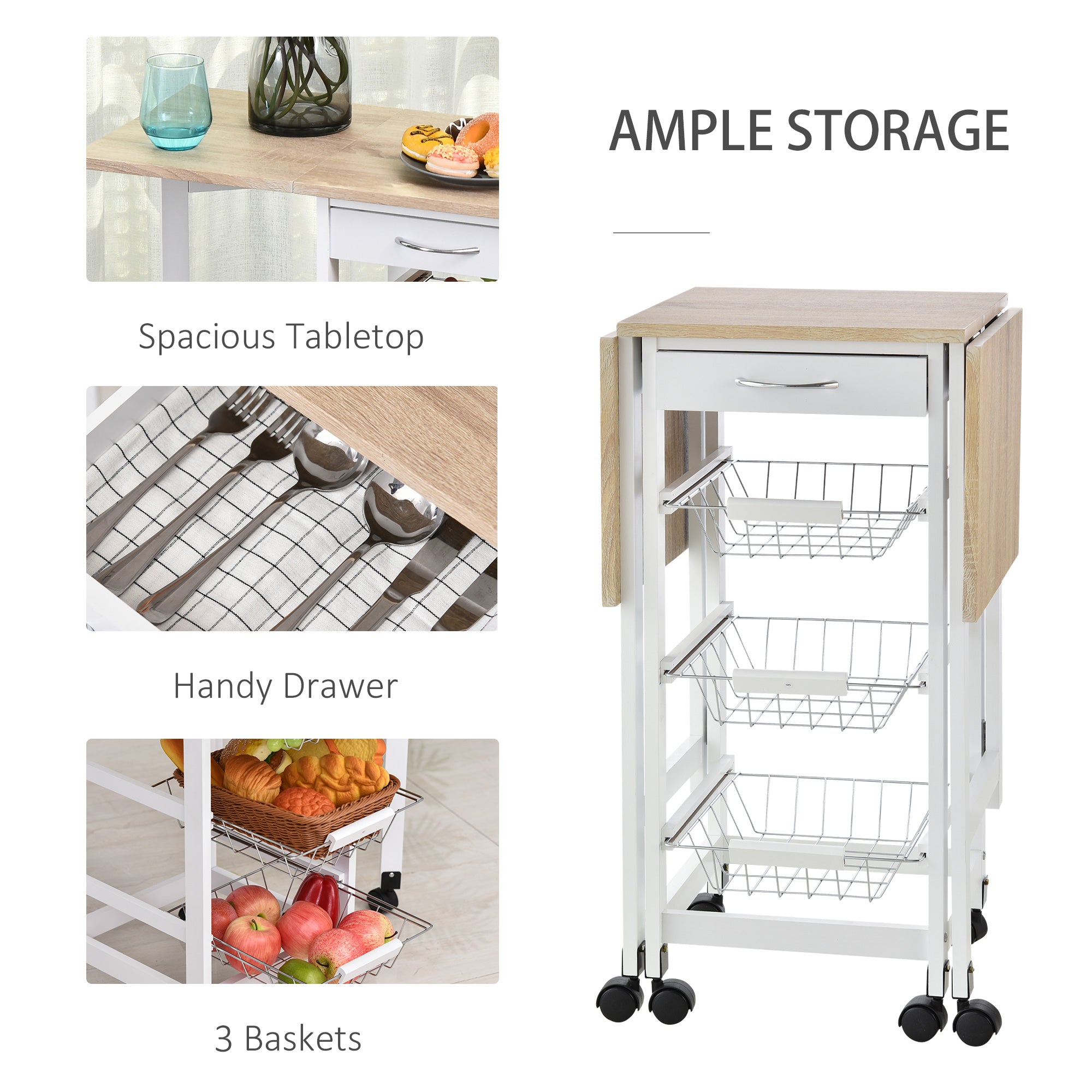 HOMCOM Drop-Leaf Kitchen Cart Trolley w/ 3 Baskets Drawer Surface Top 6 Universal Wheels Rolling Storage Unit Kitchen Home Dining Island White Oak Tone - North Peak Garden Furniture