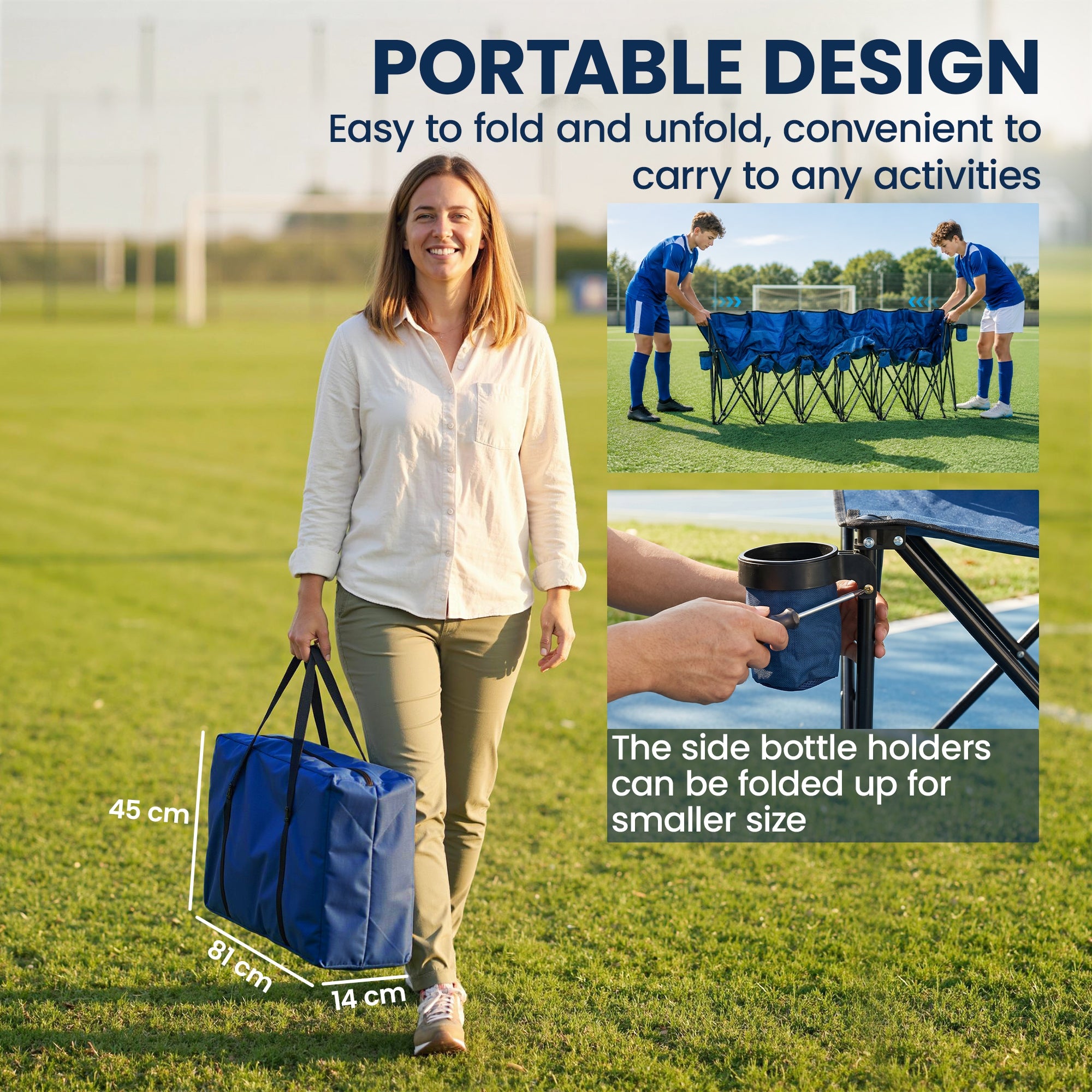 Outsunny 6 Seater Folding Bench, Outdoor Camping Chair Portable Sports Spectator Chair with Steel Frame, Cup Holder & Carry Bag, Blue