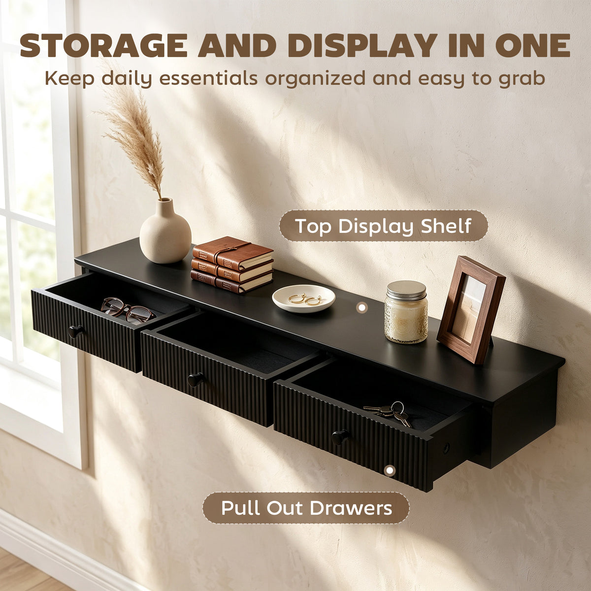 HOMCOM Shelf Wall-Mounted Storage Shelf Shelving Unit MDF 93 x 15 x 10 cm Entryway Kitchen Living Room, Black