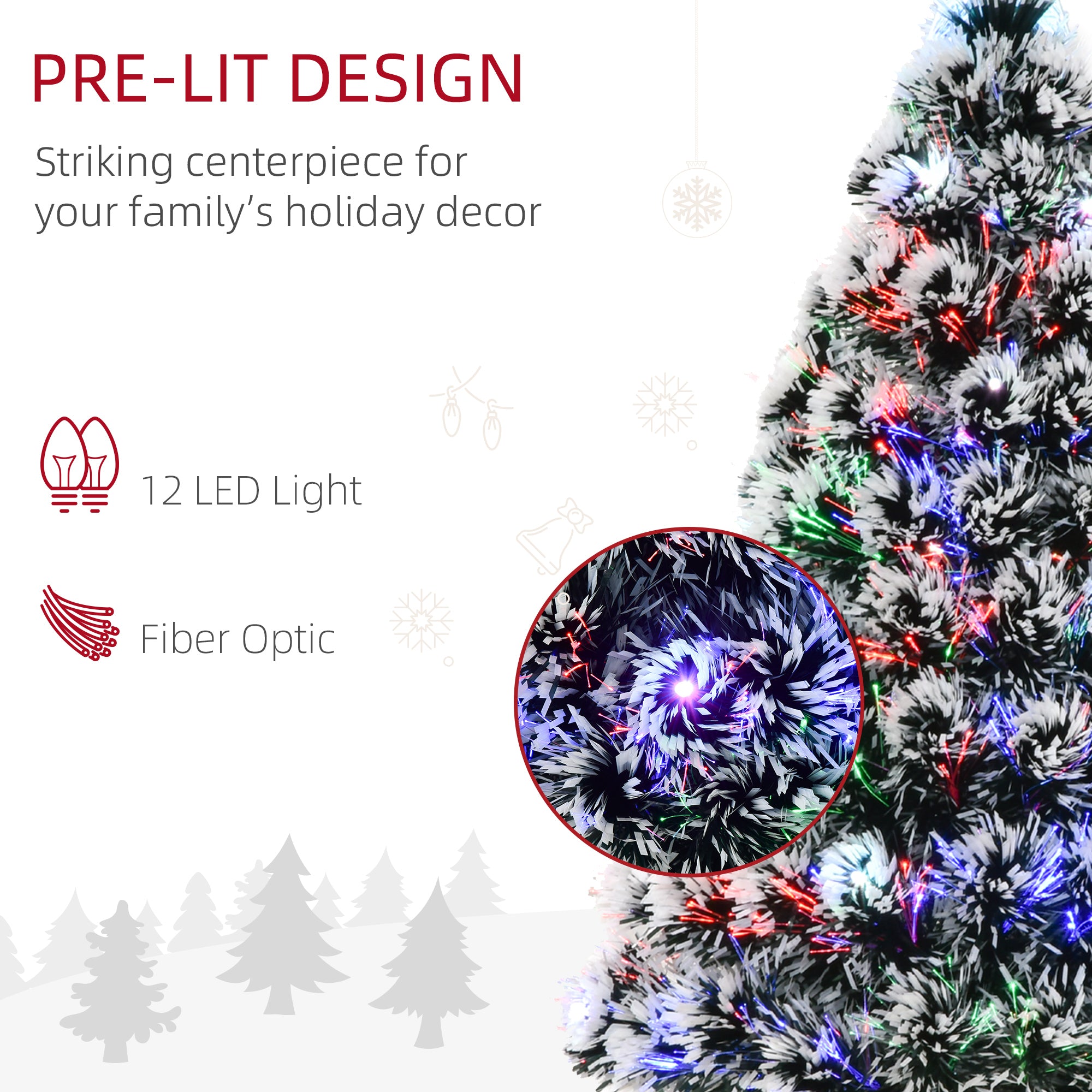 HOMCOM 3ft Artificial Prelit Christmas Tree, Snow Xmas Tree with Colourful LED Lighting Fiber Optics, Green White - North Peak Garden Furniture