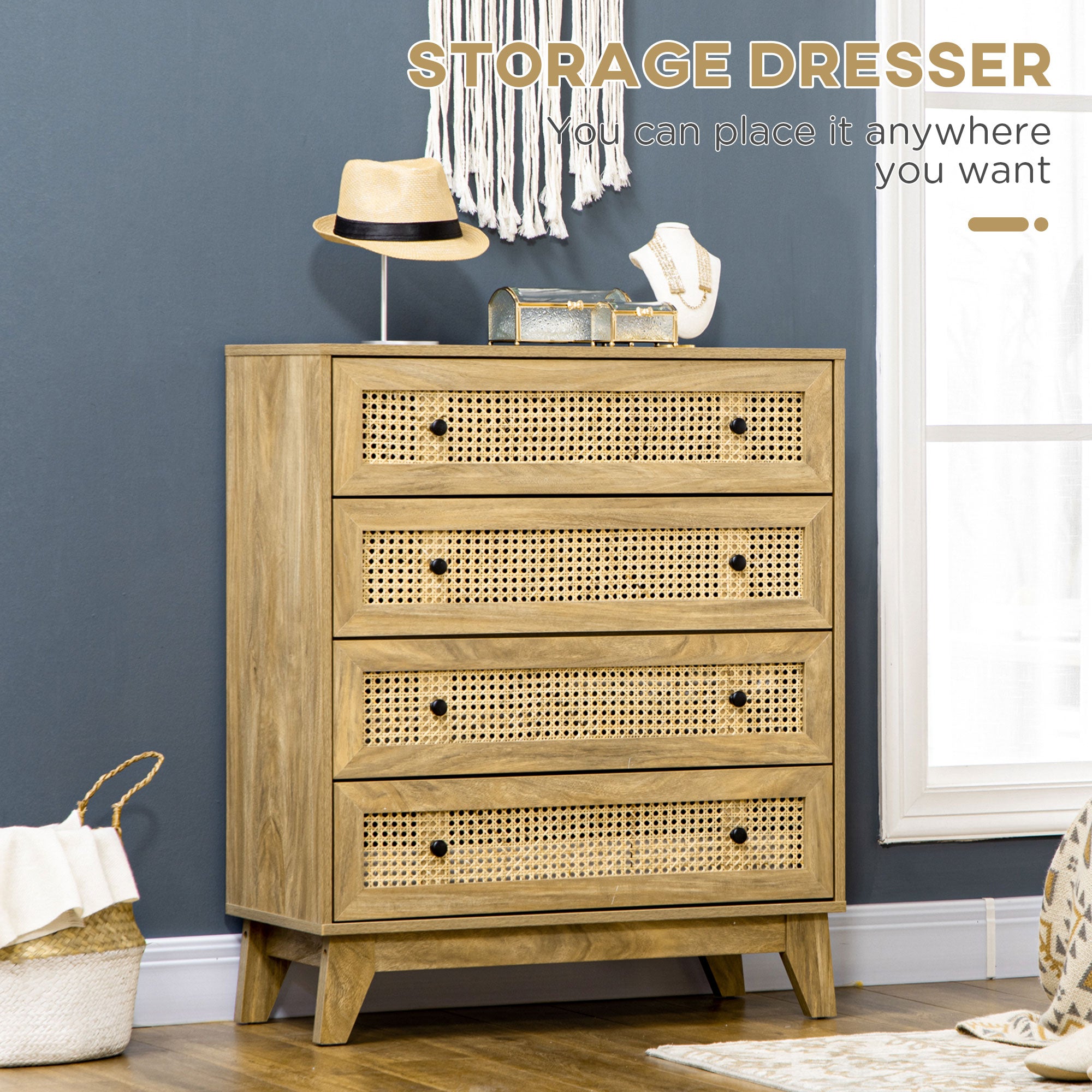 HOMCOM Storage Cabinet, 4-Drawer Unit with Rattan Element for Bedroom, Living Room, 80cmx35cmx95cm, Wood Effect - North Peak Garden Furniture