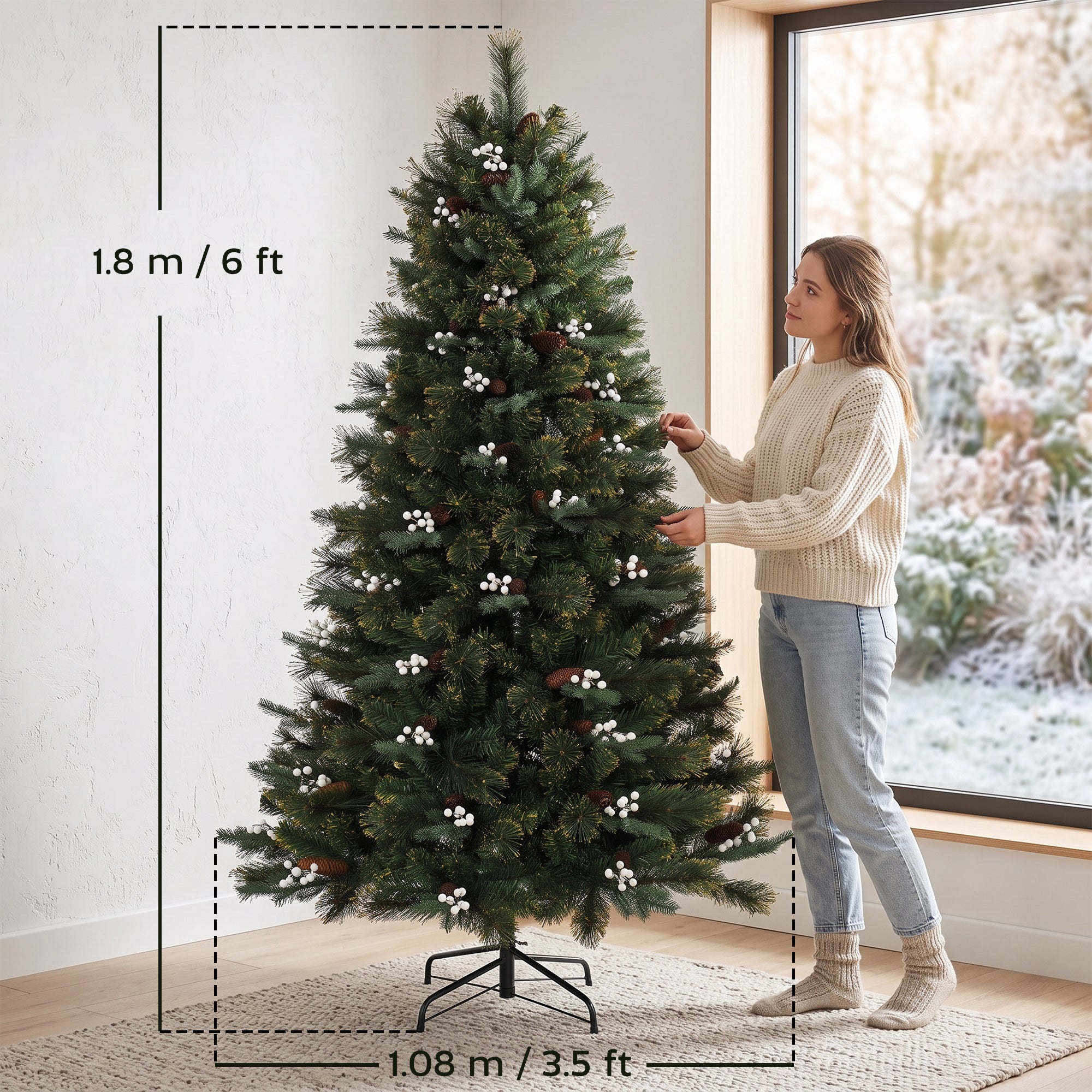 HOMCOM 6ft Artificial Christmas Tree, Fir Hinged Xmas Tree with 716 Branch Tips, Foldable Metal Stand, Easy Assembly, Green