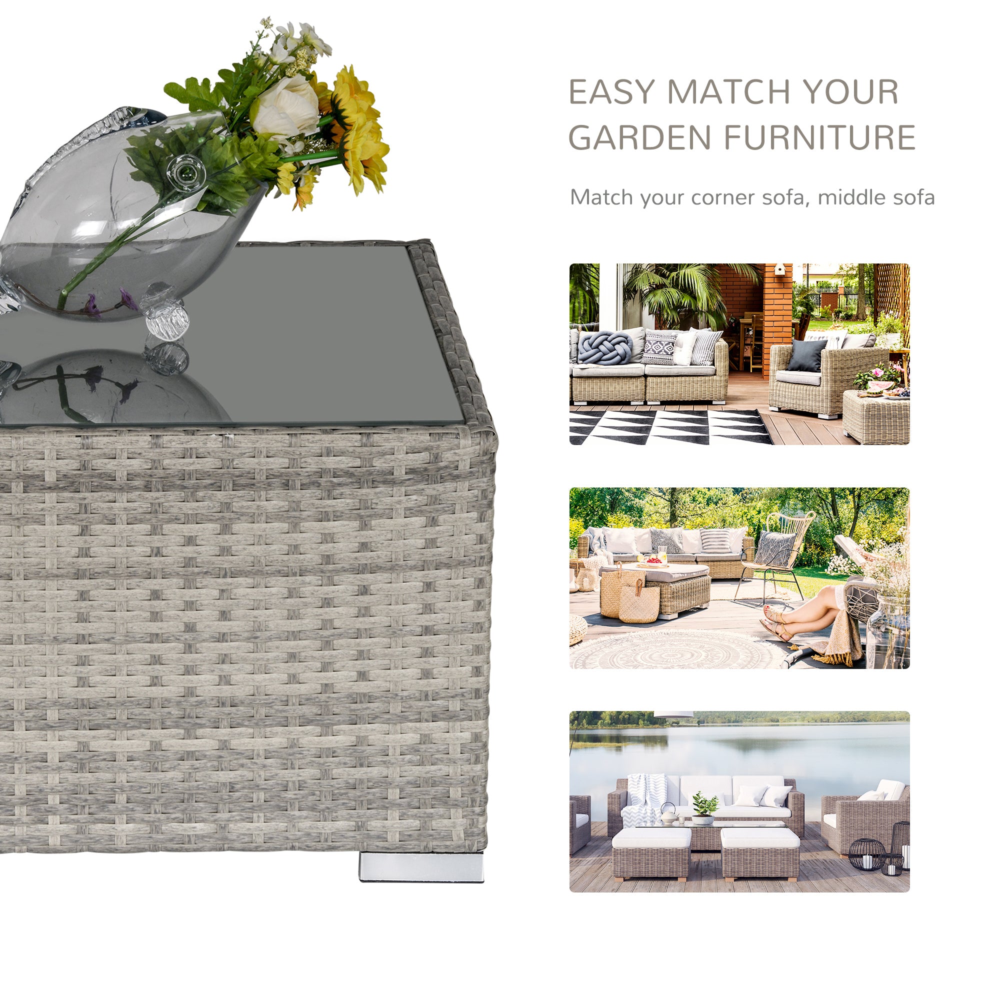 Outsunny Square PE Wicker Rattan Table, with Glass Top - Light Grey - North Peak Garden Furniture
