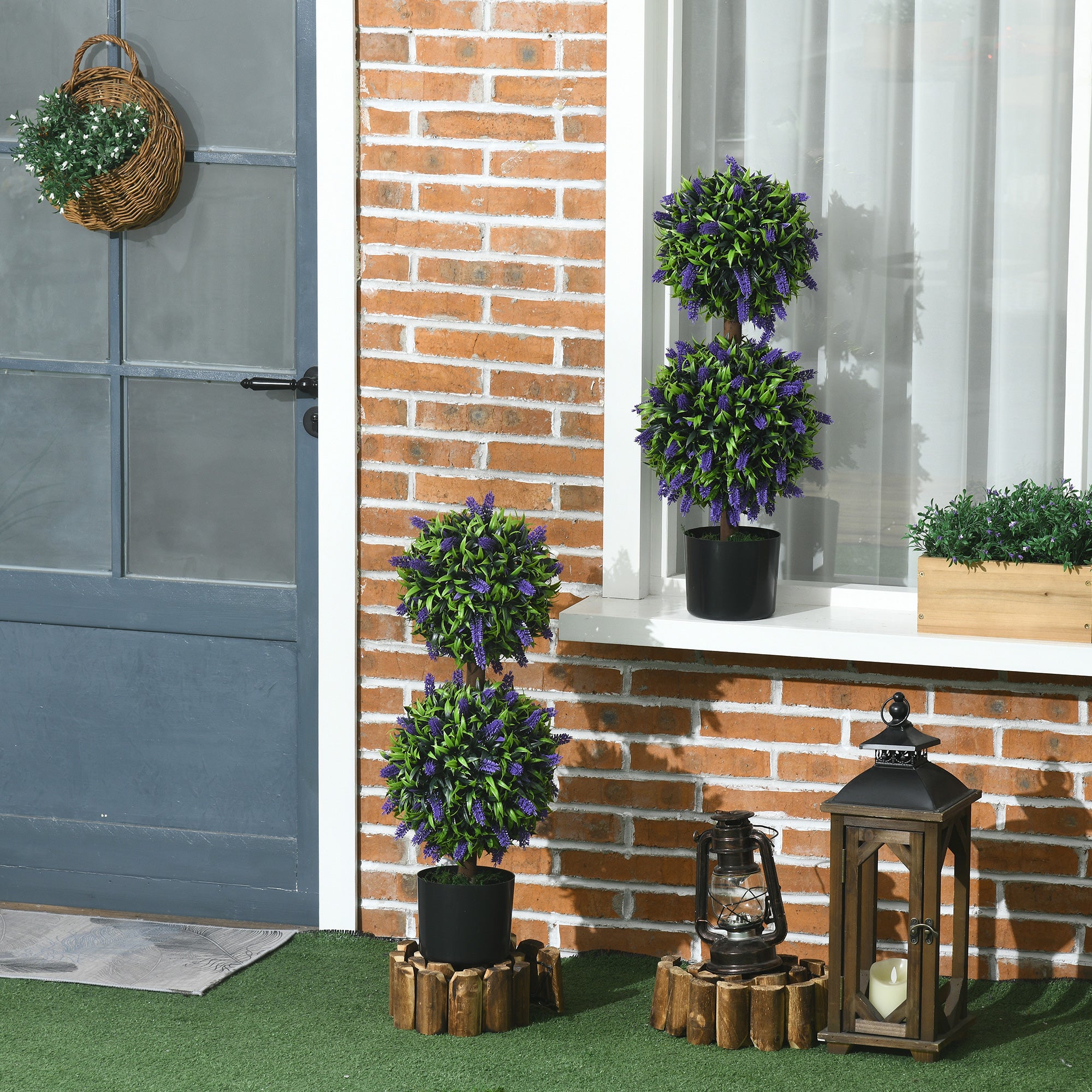 HOMCOM Set of 2 Artificial Plants, Lavender Flowers Ball Trees with Pot, for Home Indoor Outdoor Decor, 70cm - North Peak Garden Furniture