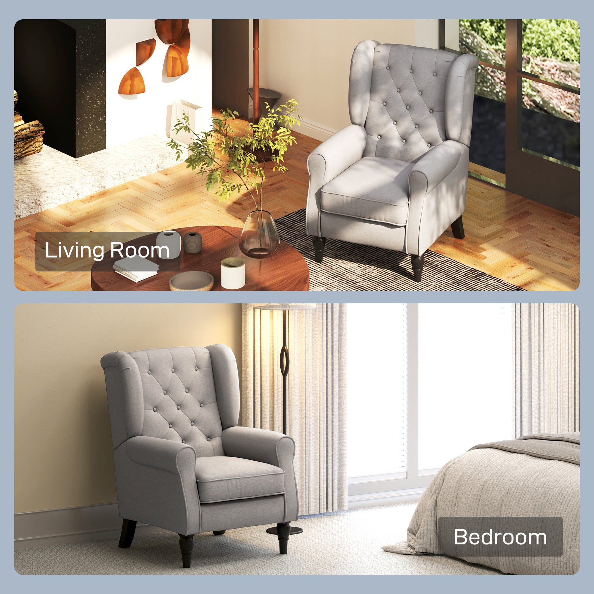 HOMCOM Retro Accent Chair, Wingback Armchair with Wood Frame Button Tufted Design for Living Room Bedroom, Grey - North Peak Garden Furniture