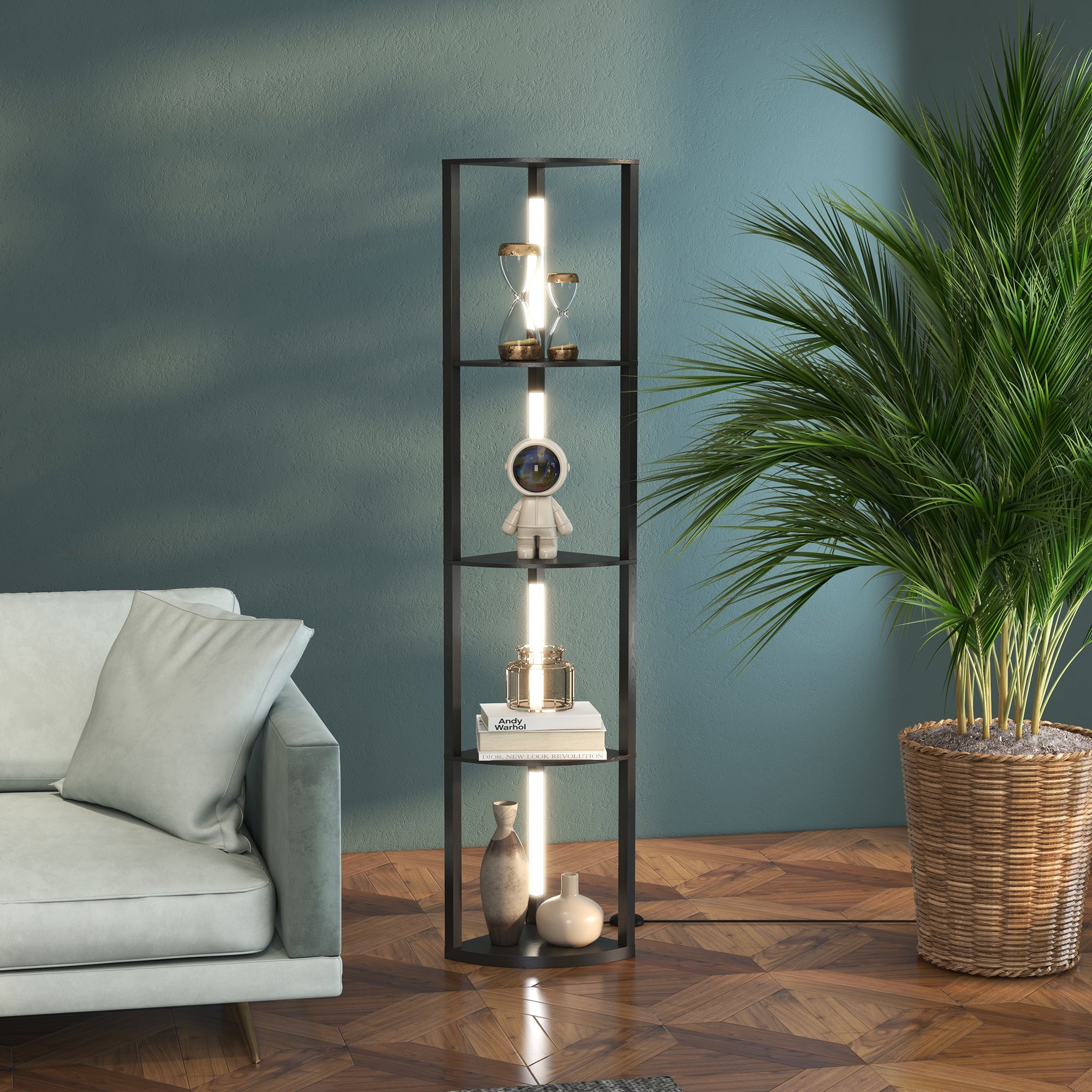 HOMCOM Corner Floor Lamp for Living Room Bedroom with Dimmable Warm White LED Light, Modern Tall Standing Lamp, Black - North Peak Garden Furniture