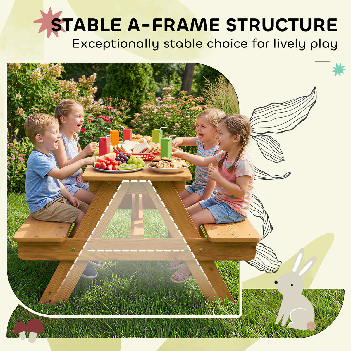 AIYAPLAY Kids Picnic Table for Outdoor Wooden Table & Bench Set with Integrated Benches Natural Wood